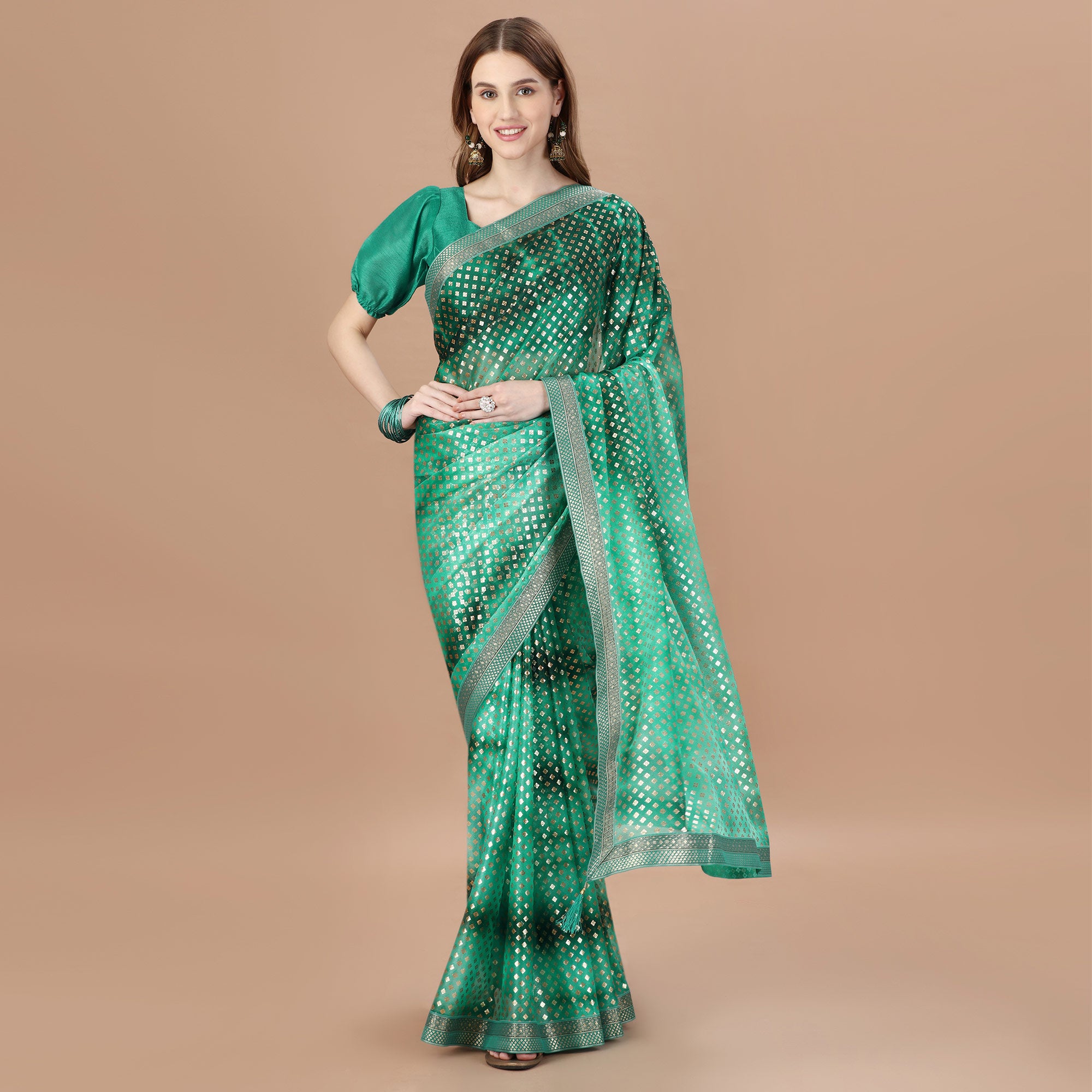 Green Foil Printed Lycra Saree With Lace Border