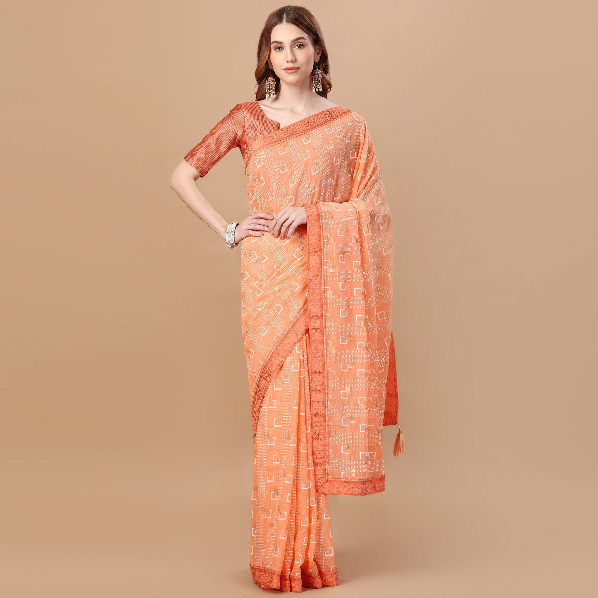 Peach Foil Printed Chiffon Saree With Lace Border
