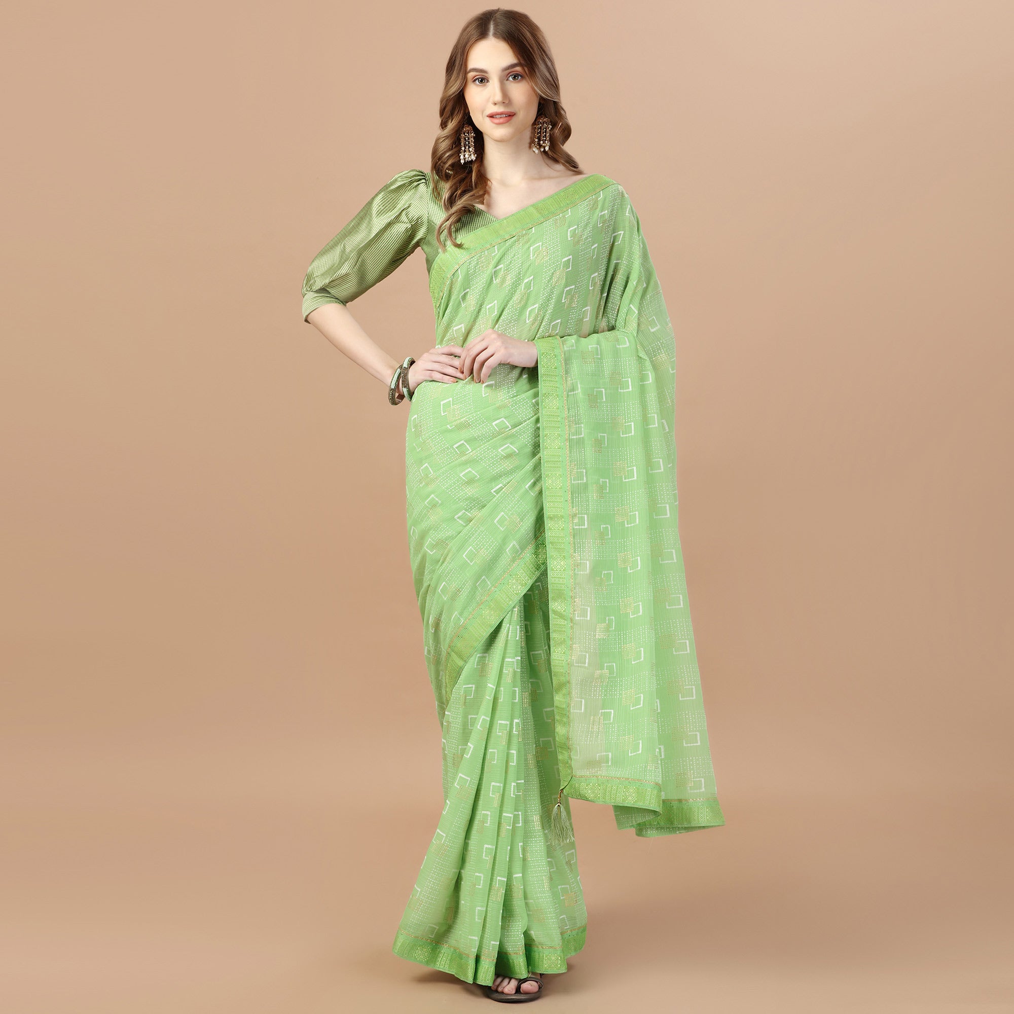 Green Foil Printed Chiffon Saree With Lace Border