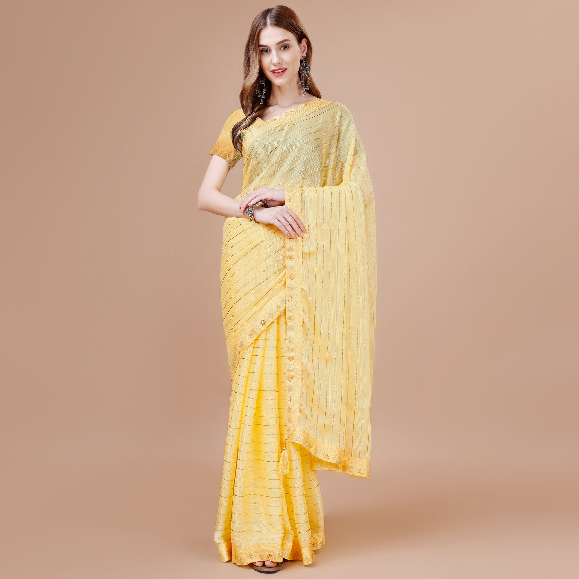 Yellow Zari Work Chiffon Saree