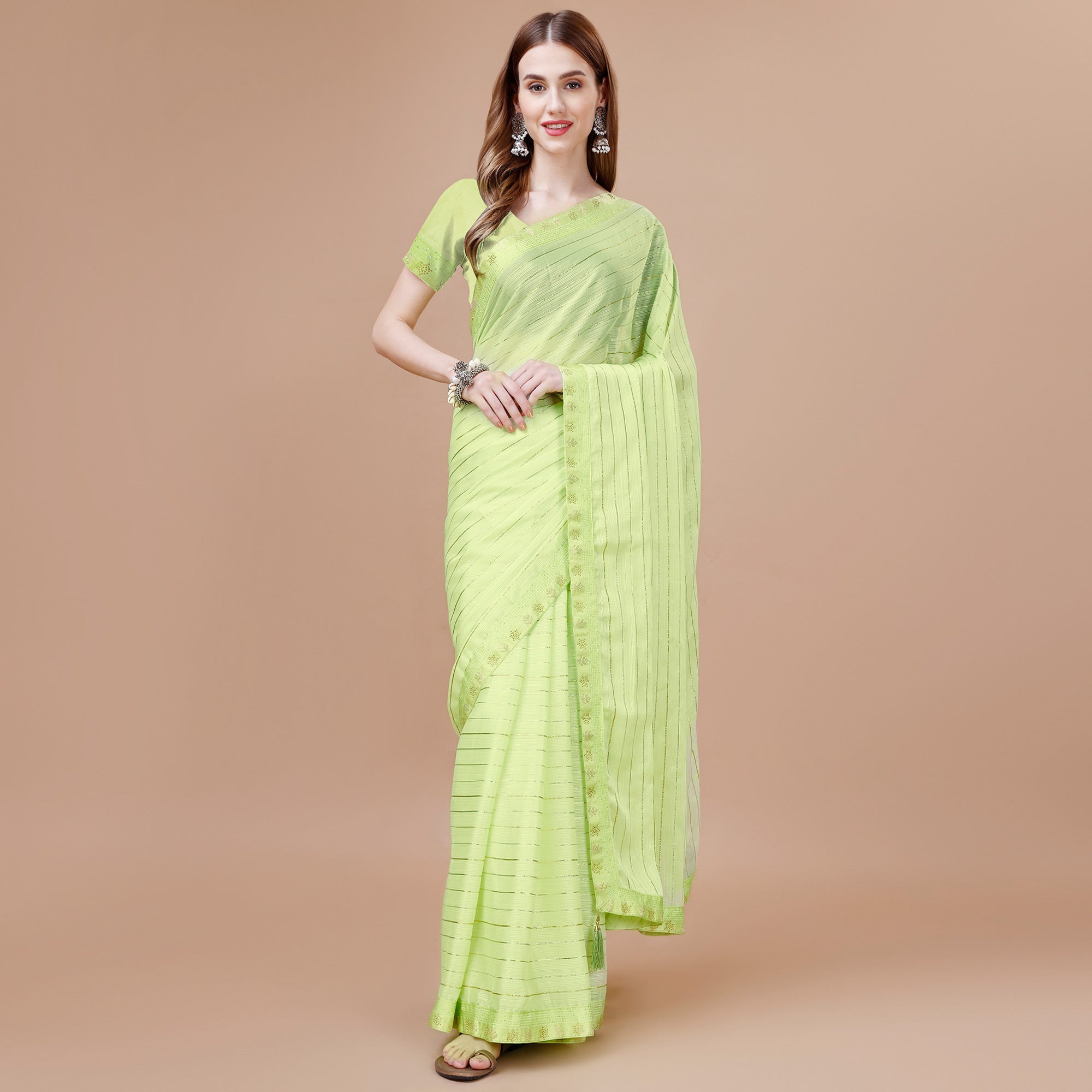 Lemon Green Zari Work Chiffon Saree