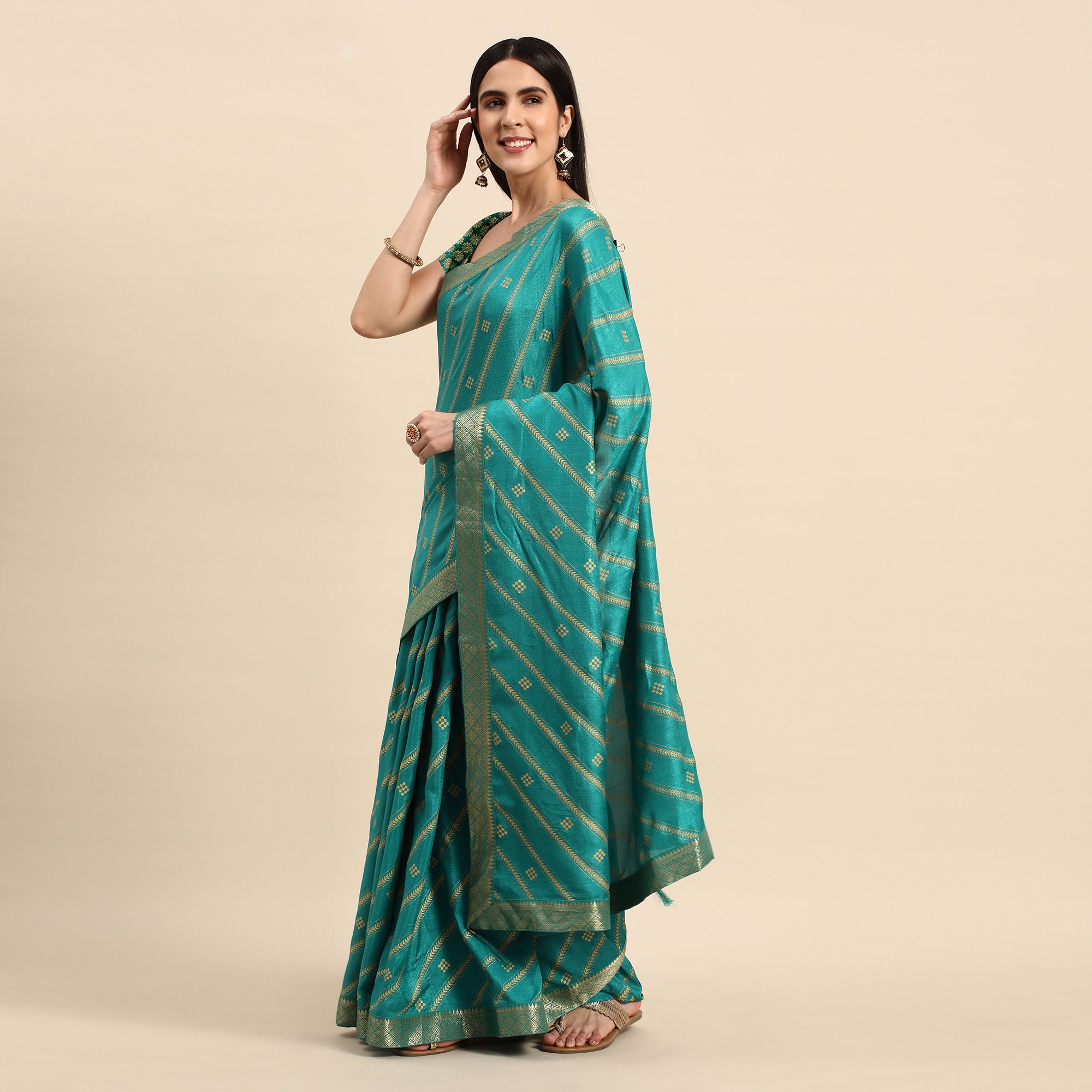Rama Blue Floral Foil Printed Vichitra Silk Saree