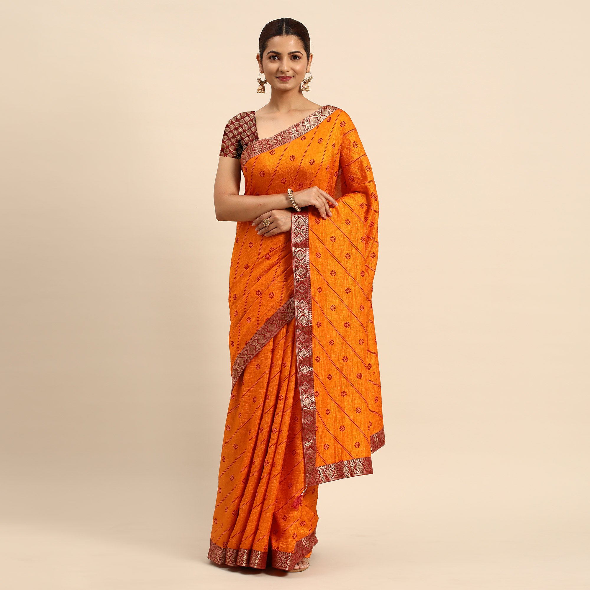 Mustard Floral Foil Printed Vichitra Silk Saree