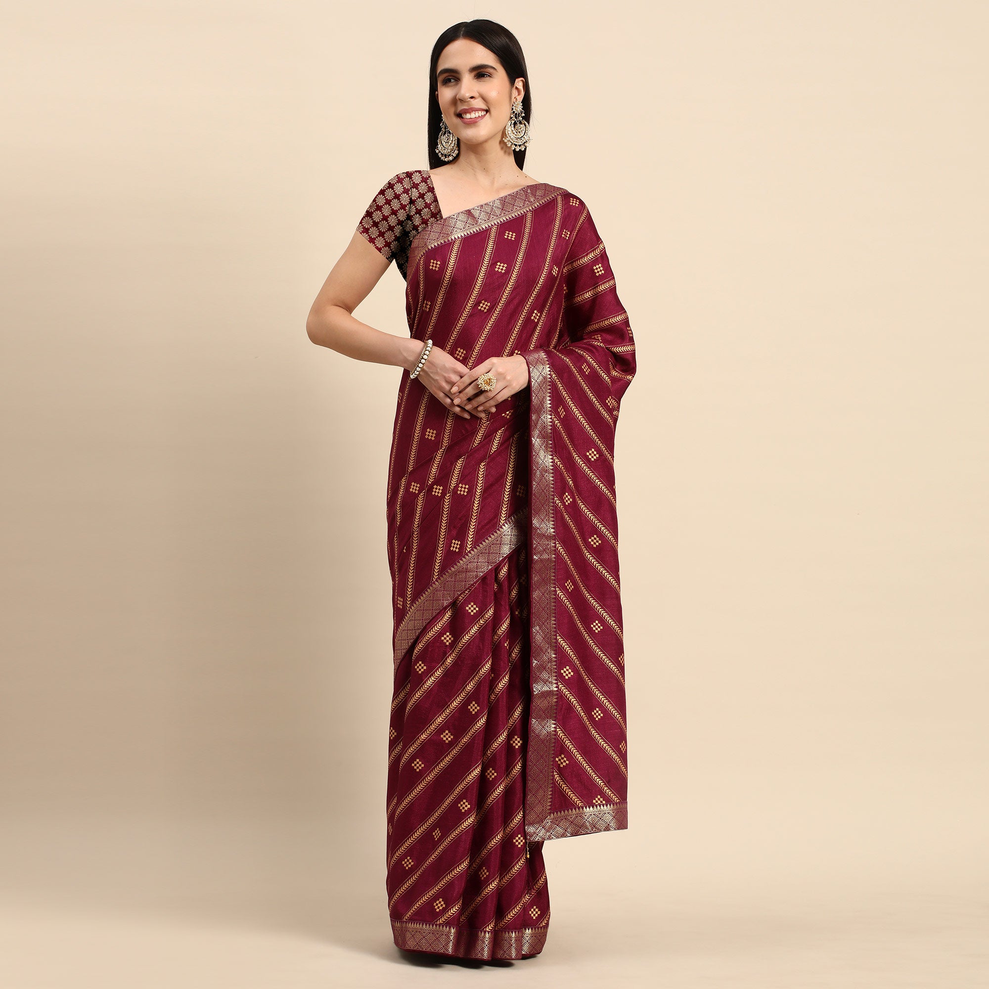 Wine Floral Foil Printed Vichitra Silk Saree