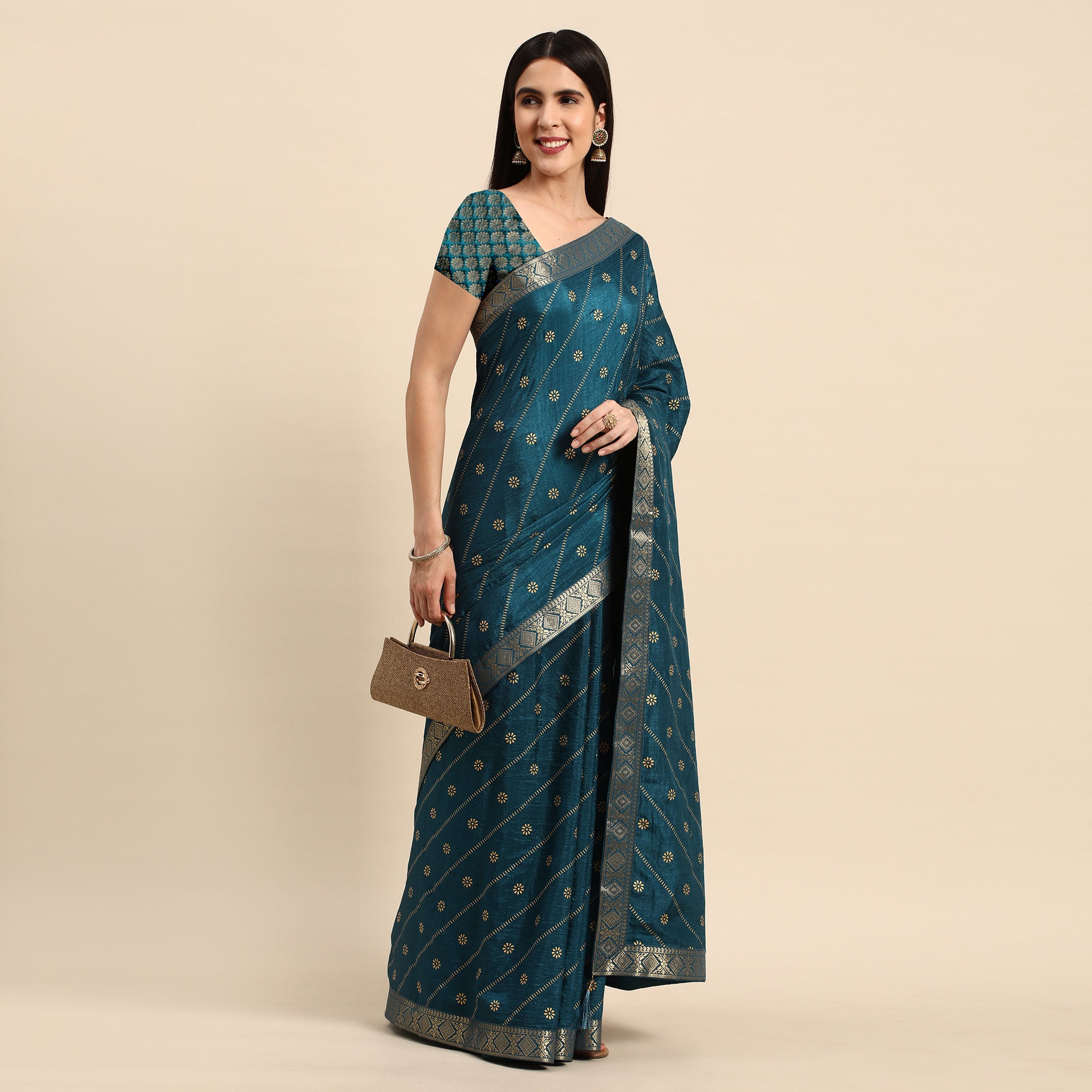 Blue Floral Foil Printed Vichitra Silk Saree