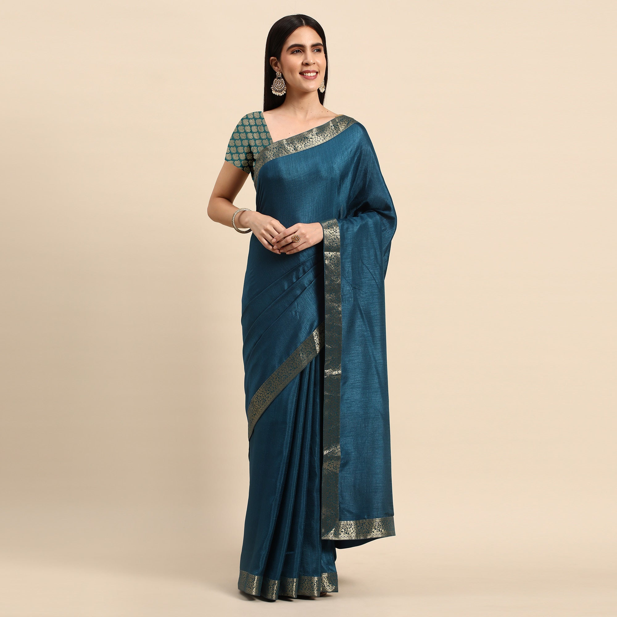 Blue Solid Vichitra Silk Saree With Fancy Zari Border