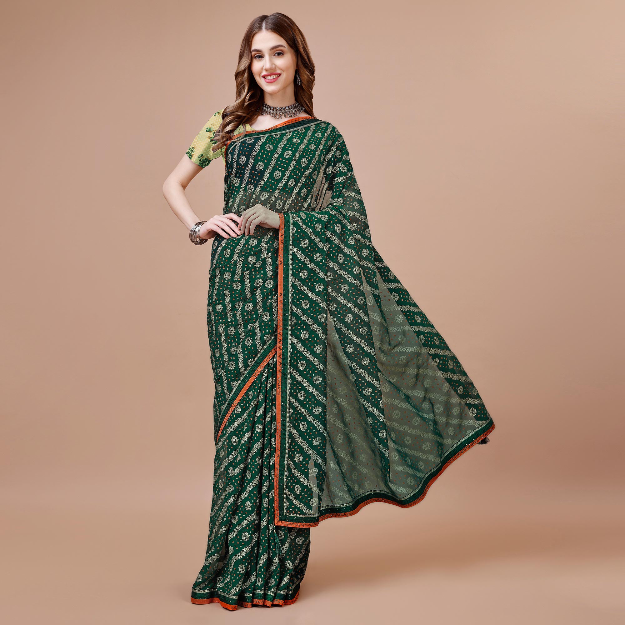 Green Floral Foil Printed Chiffon Saree With Lace Border