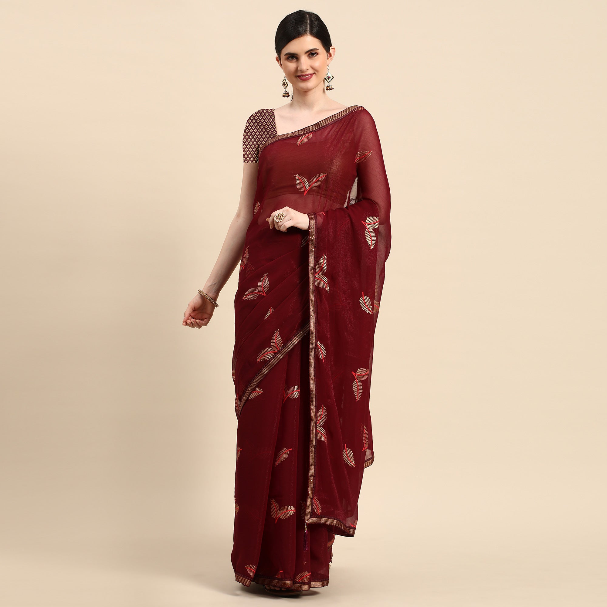 Wine Sequins Embroidered Chiffon Saree With Tassels