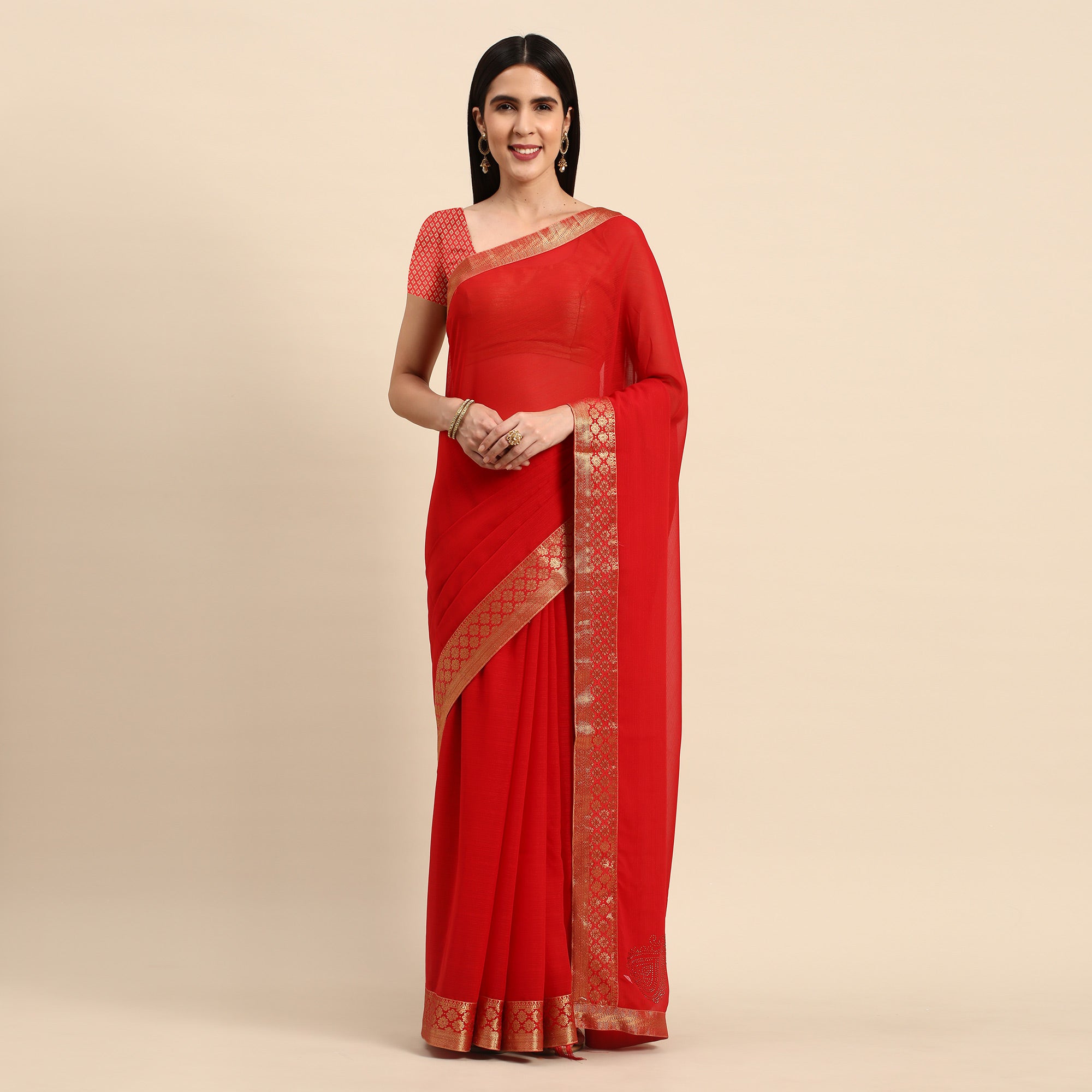 Red Swarovski Work Chiffon Saree With Zari Border