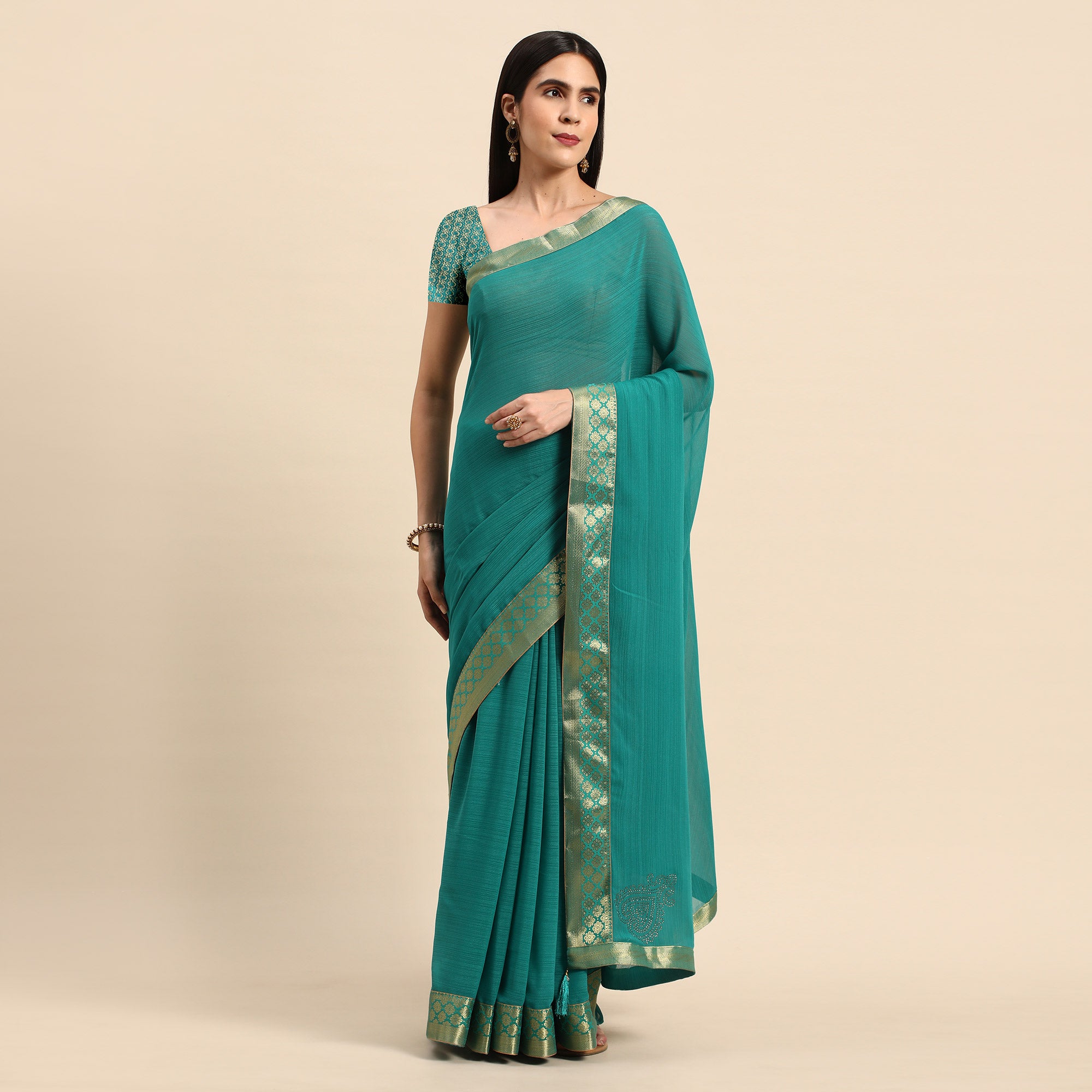 Rama Blue Swarovski Work Chiffon Saree With Zari Border