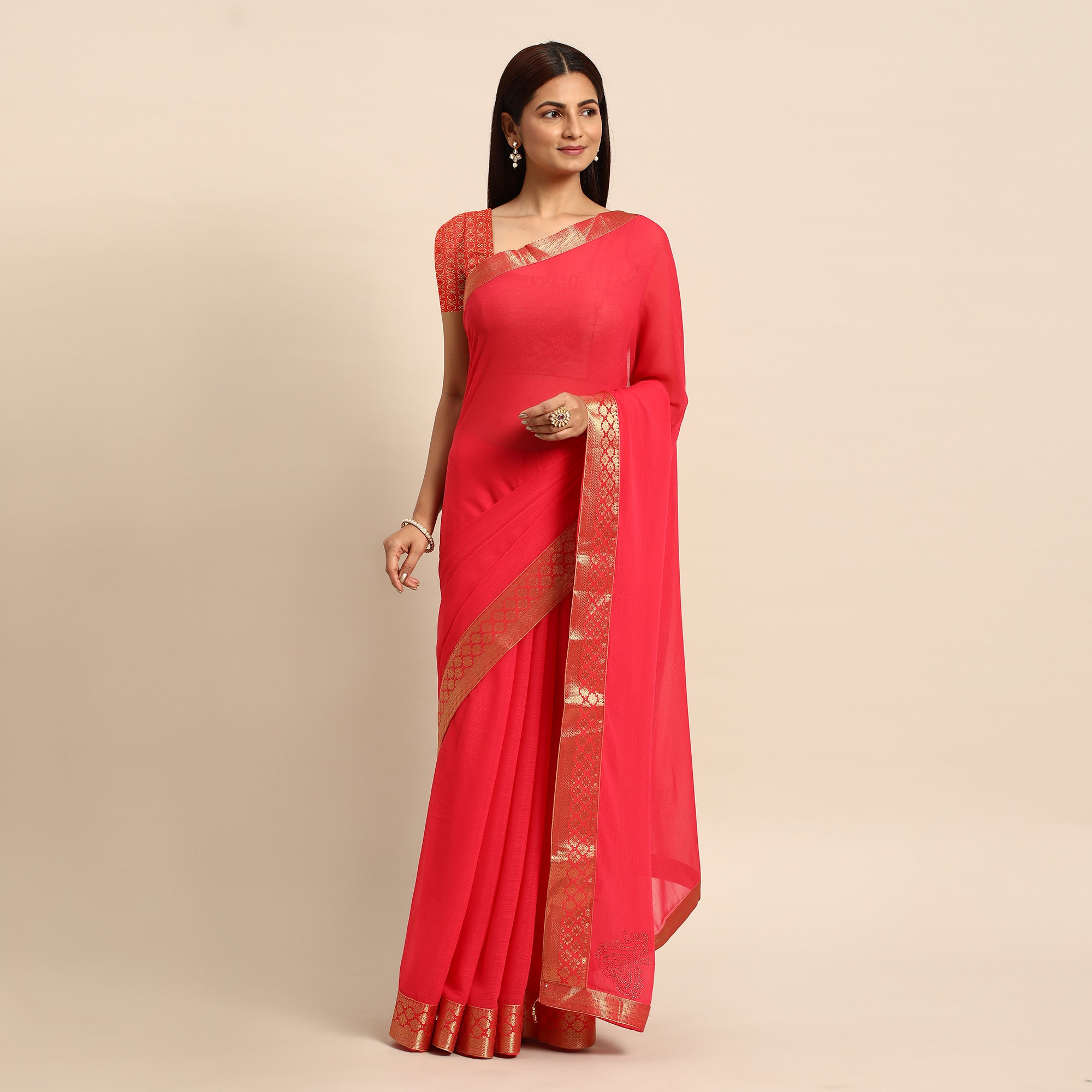 Pink Swarovski Work Chiffon Saree With Zari Border