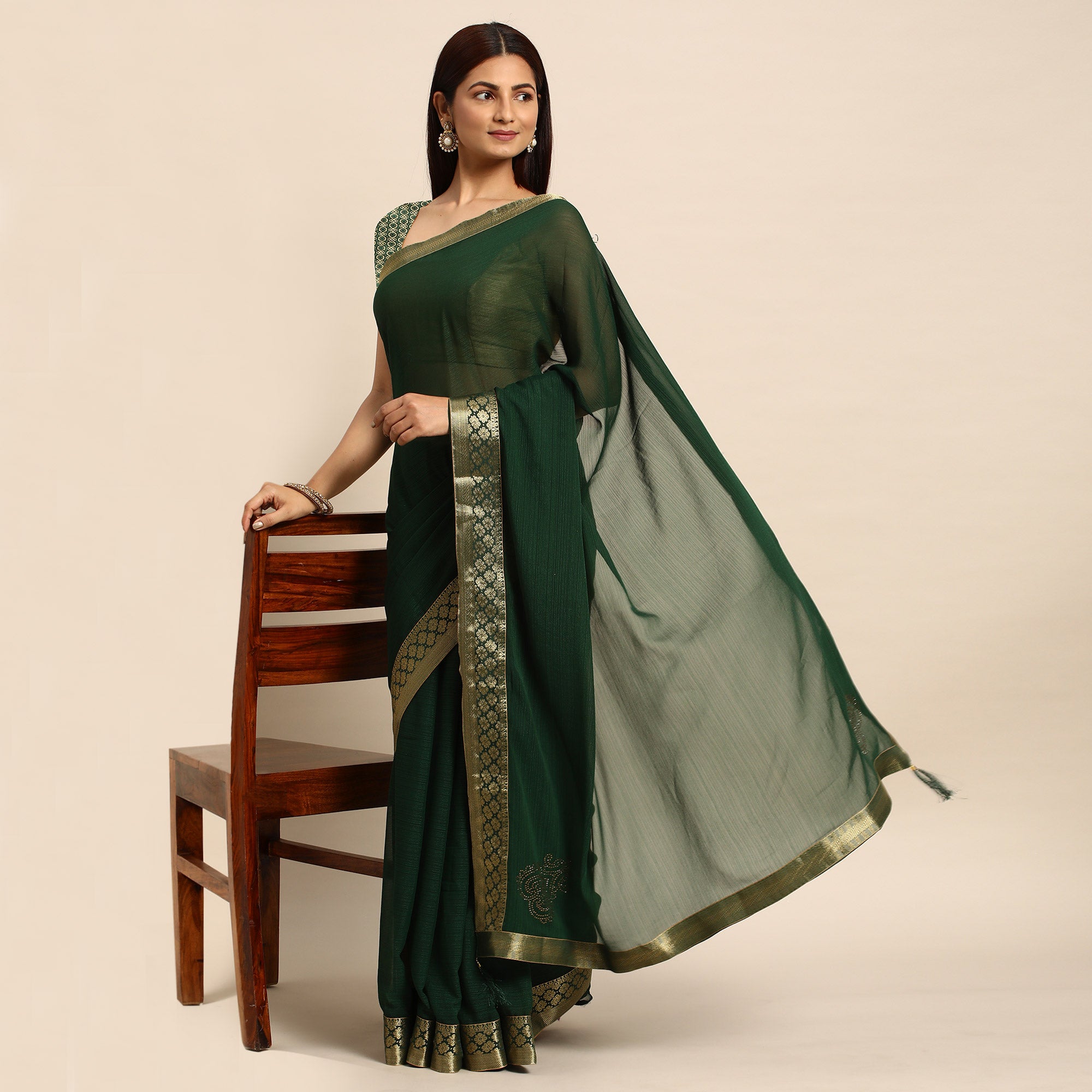 Green Swarovski Work Chiffon Saree With Zari Border