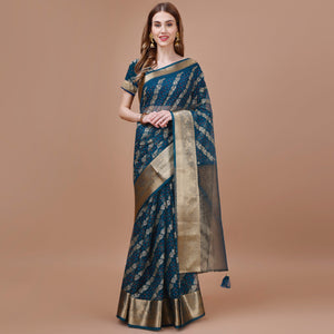 Blue Foil Printed Organza Saree With Woven Border