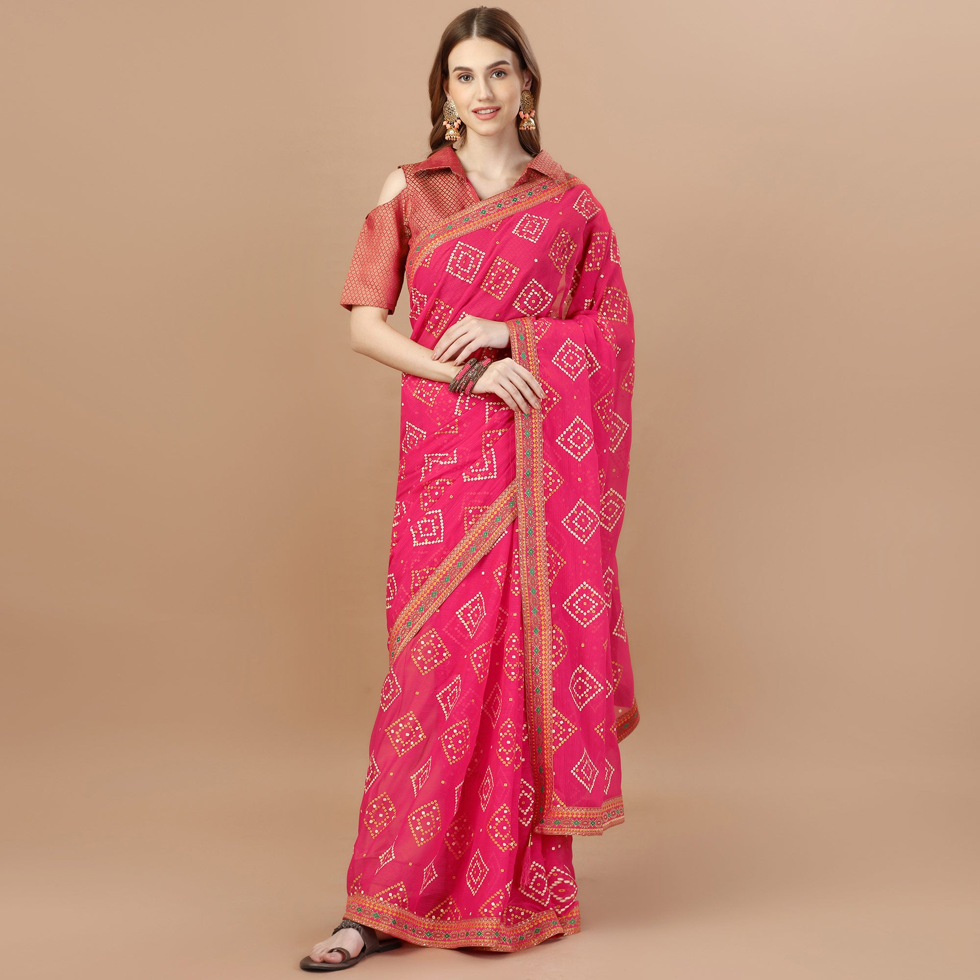 Pink Bandhani Printed Chiffon Saree