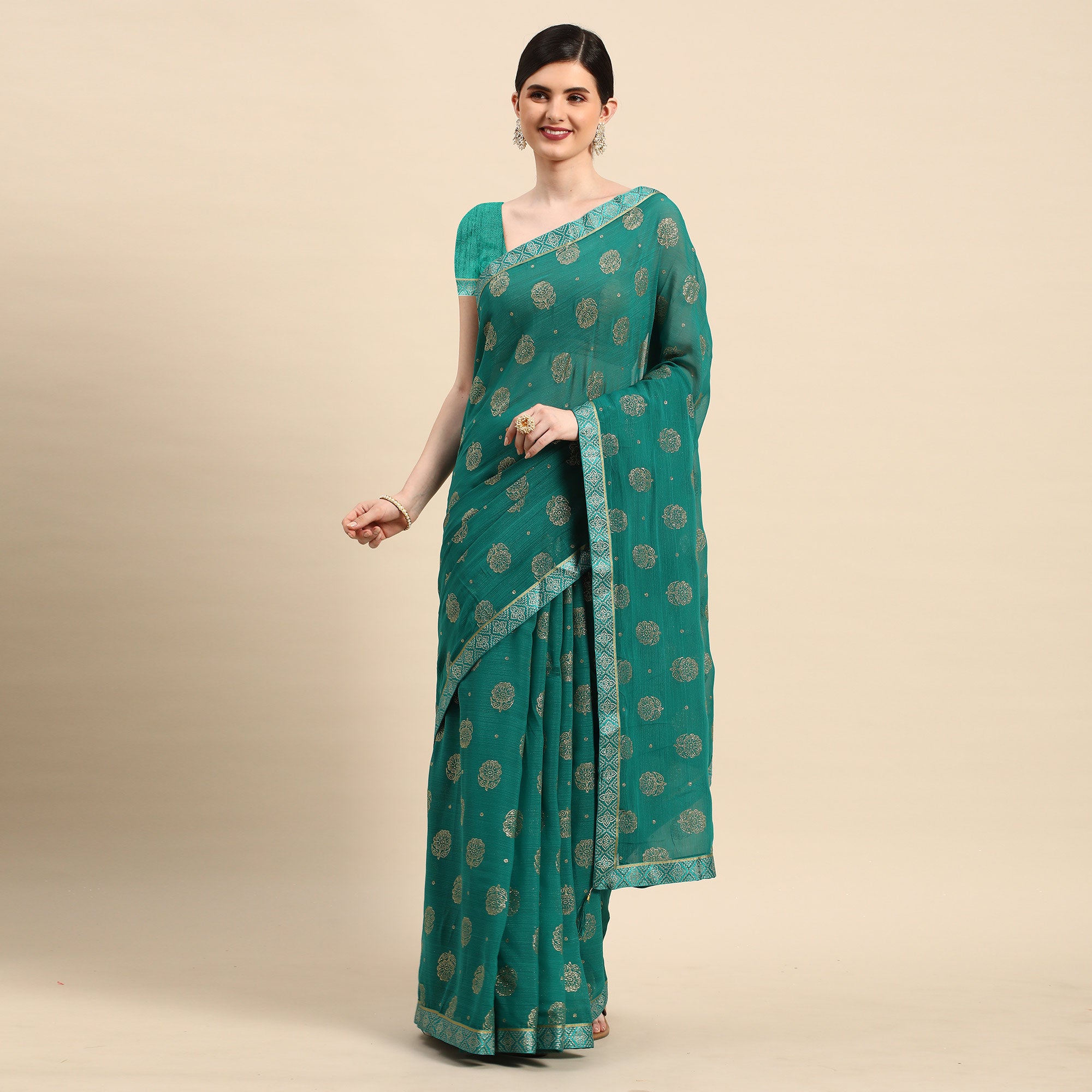 Rama Green Foil Printed With Embellished Chiffon Saree