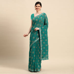 Rama Green Foil Printed With Embellished Chiffon Saree