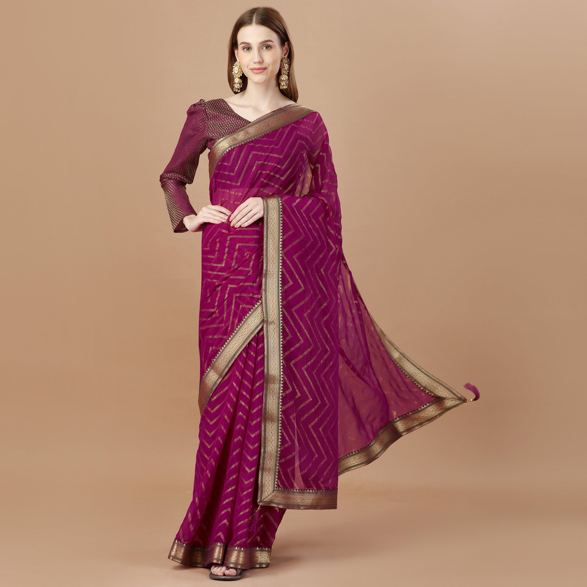 Wine Foil Printed Chiffon Saree With Lace Border