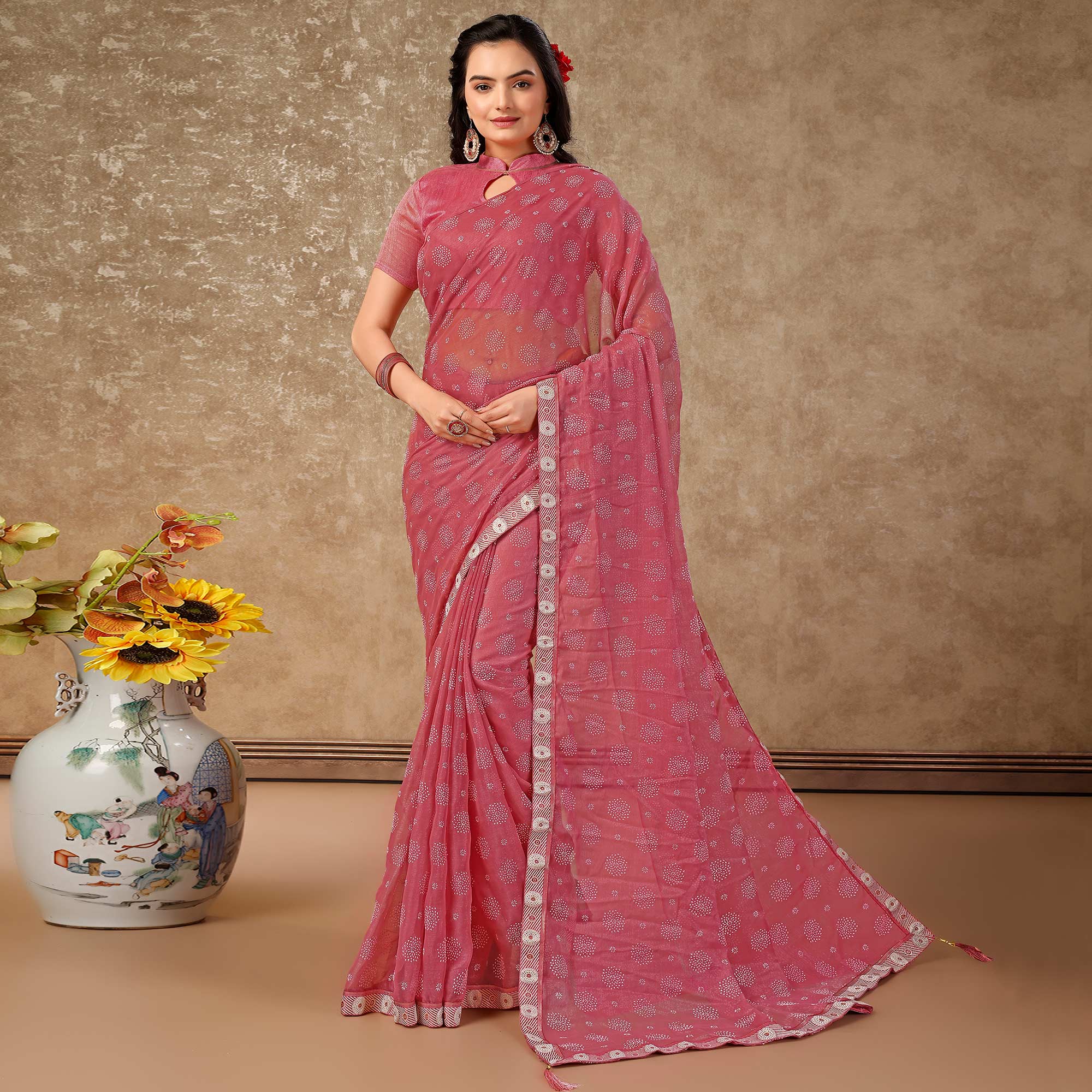 Pink Printed Chiffon Saree With Lace Border