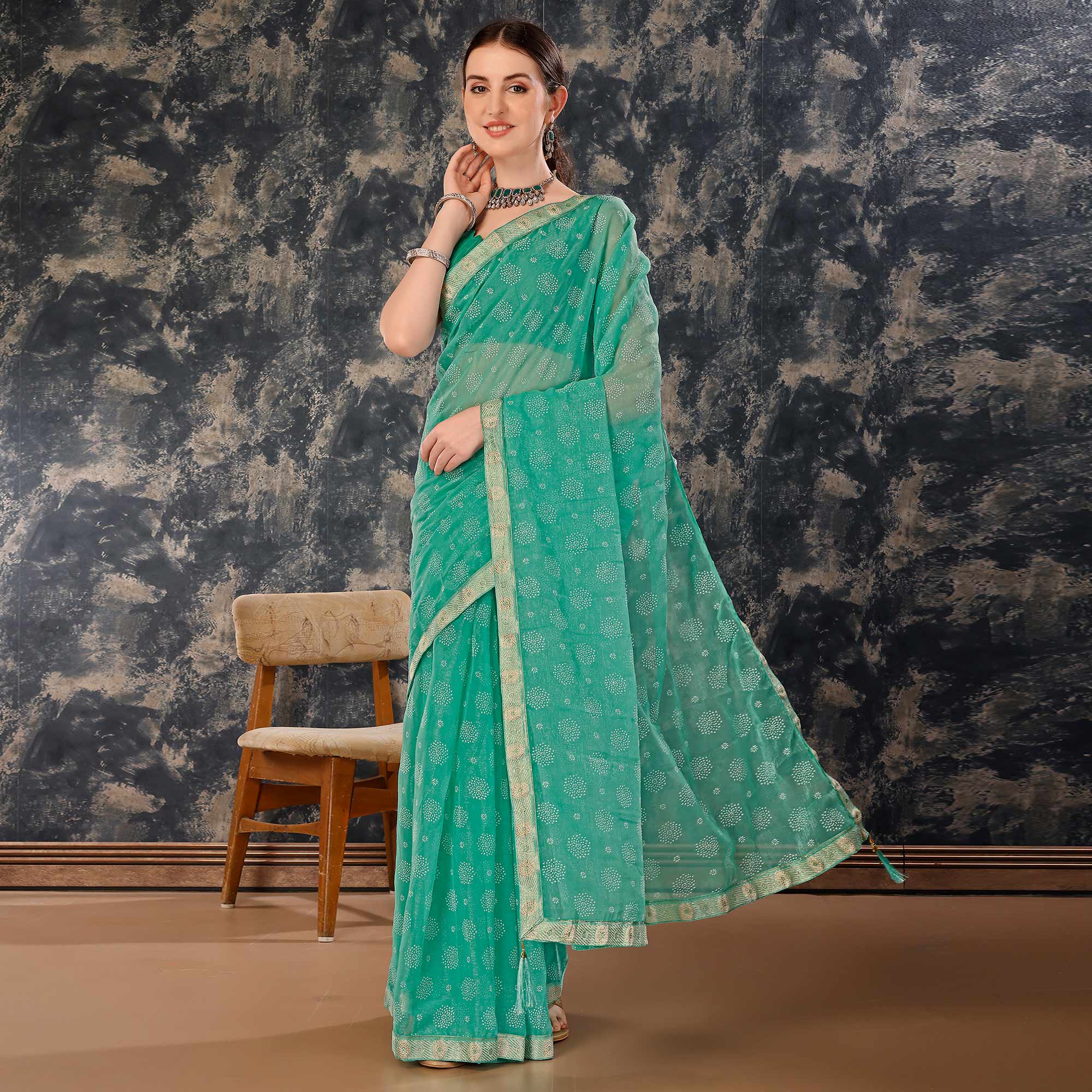 Turquoise Printed Chiffon Saree With Lace Border