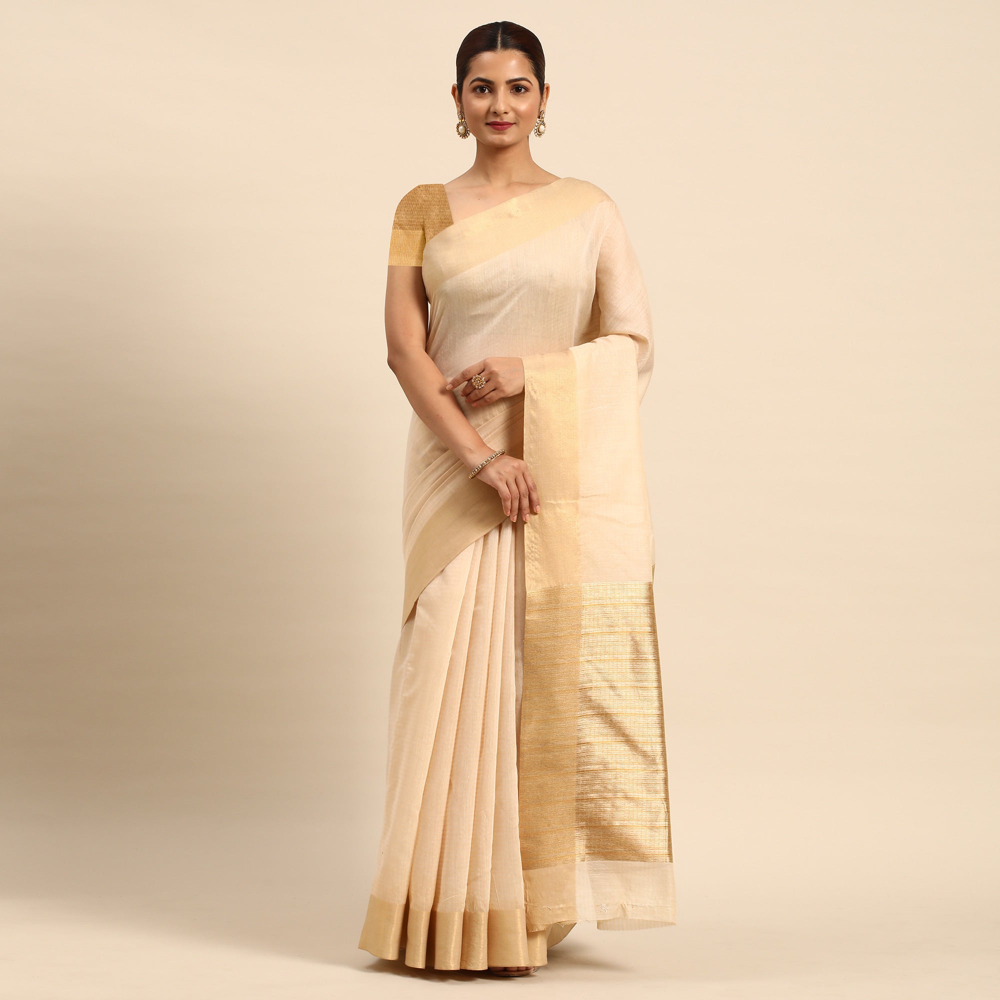Beige Woven Zari Cotton Silk Saree