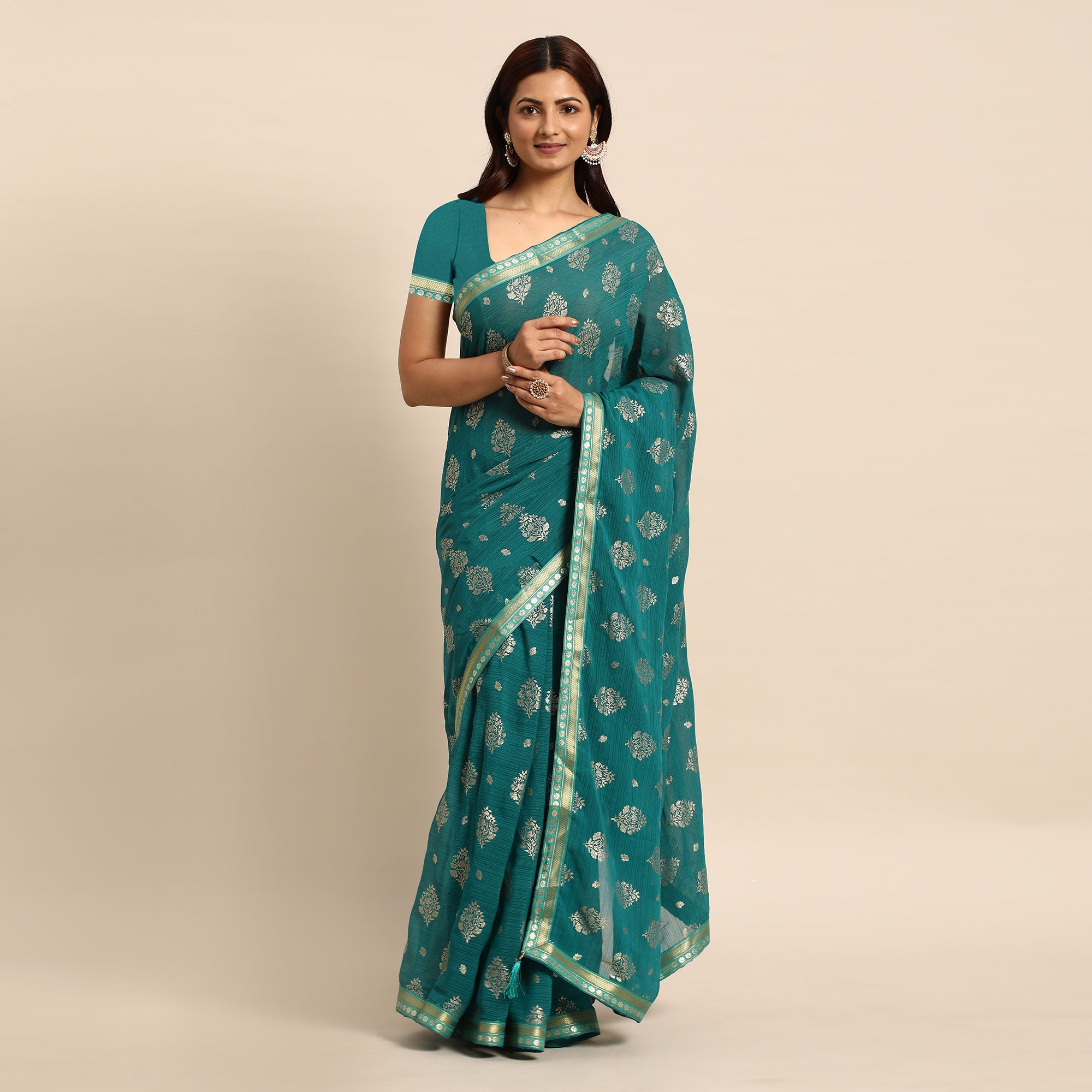 Turquoise Floral Foil Printed Chiffon Saree With Tassels
