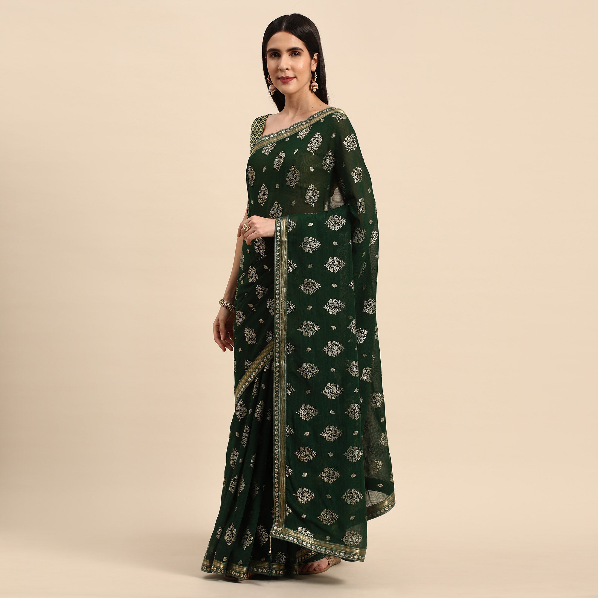Green Floral Foil Printed Chiffon Saree With Tassels