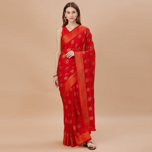 Red Zari Work Chiffon Saree With Tassels