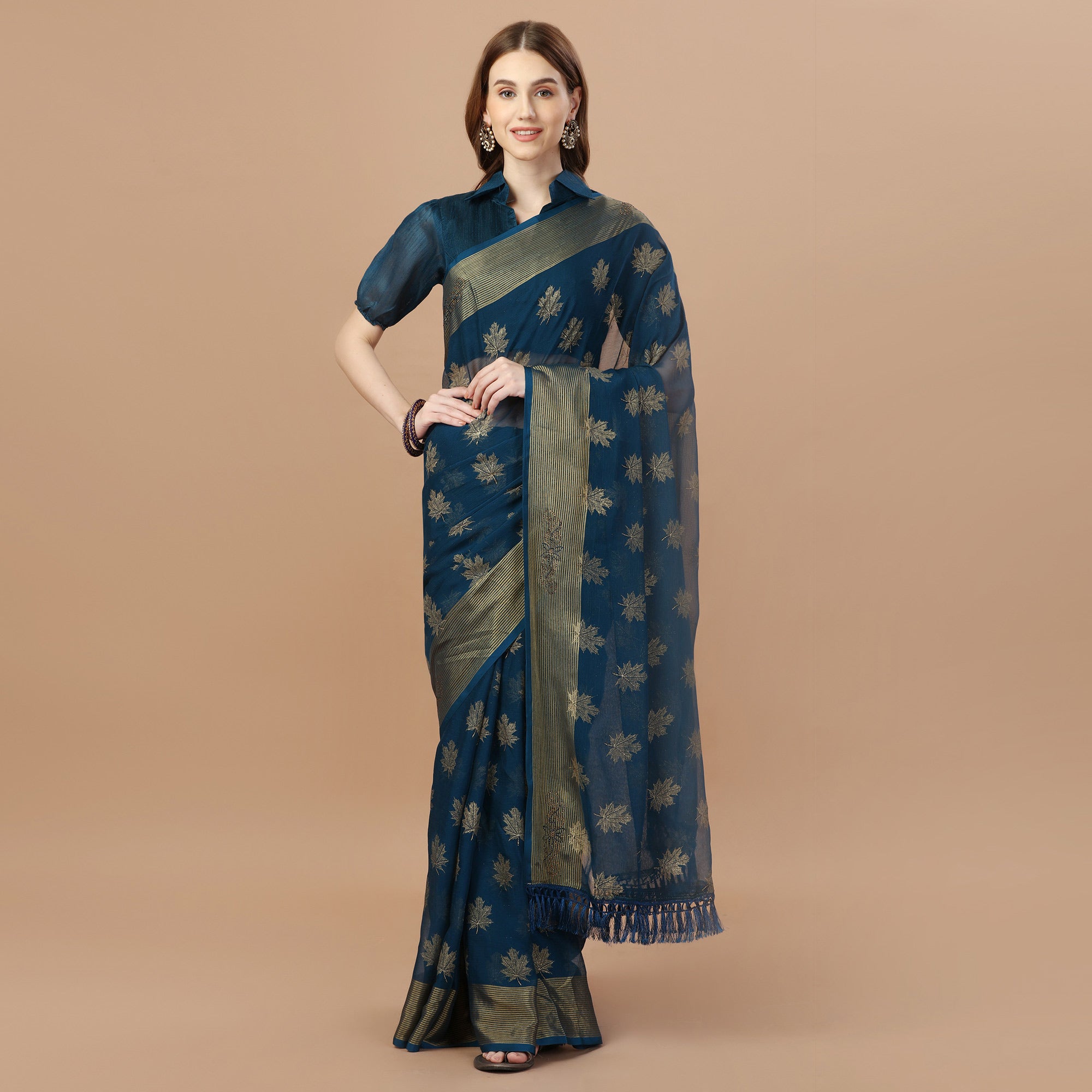 Teal Blue Zari Work Chiffon Saree With Tassels