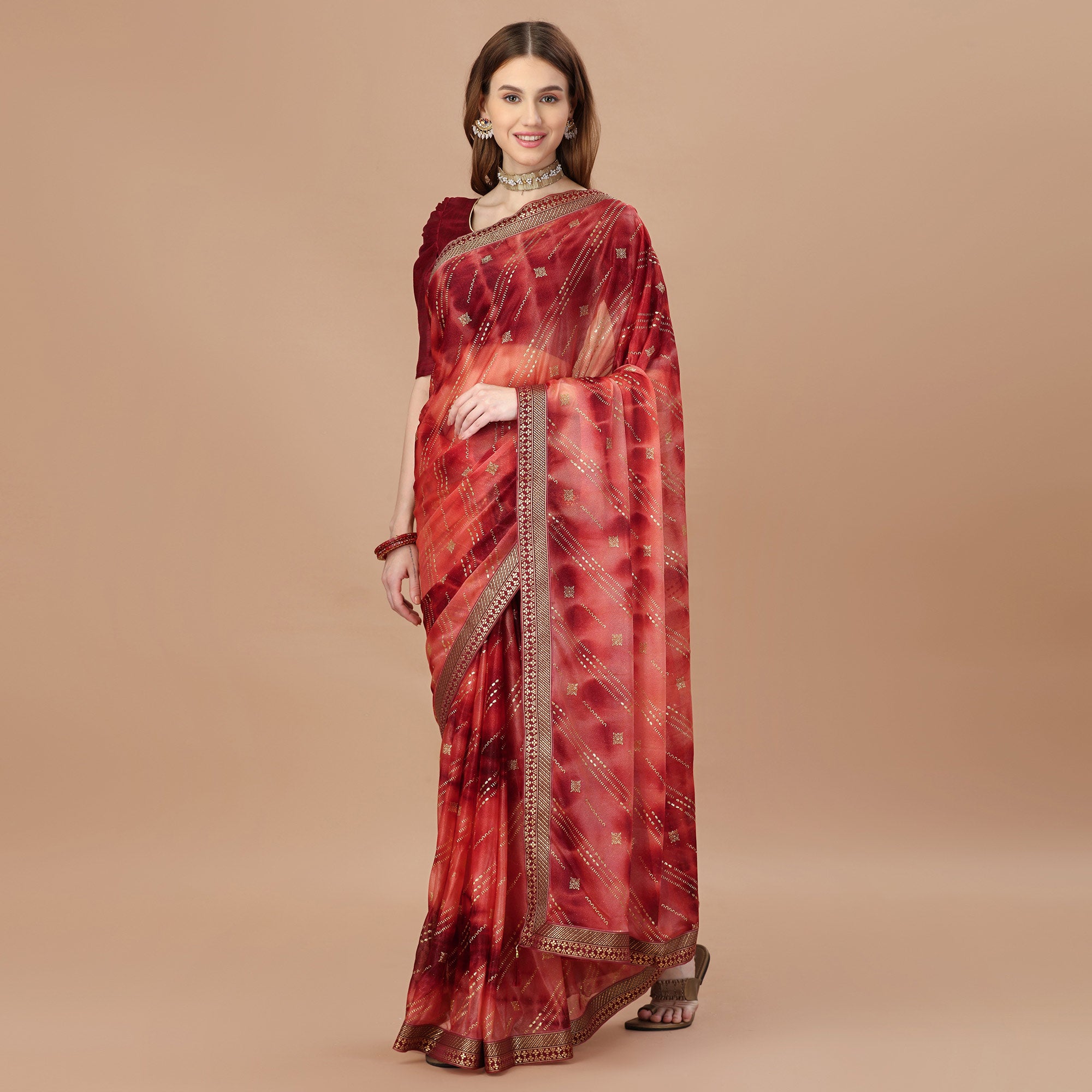 Red Zari Work Chiffon Saree Lace Border
