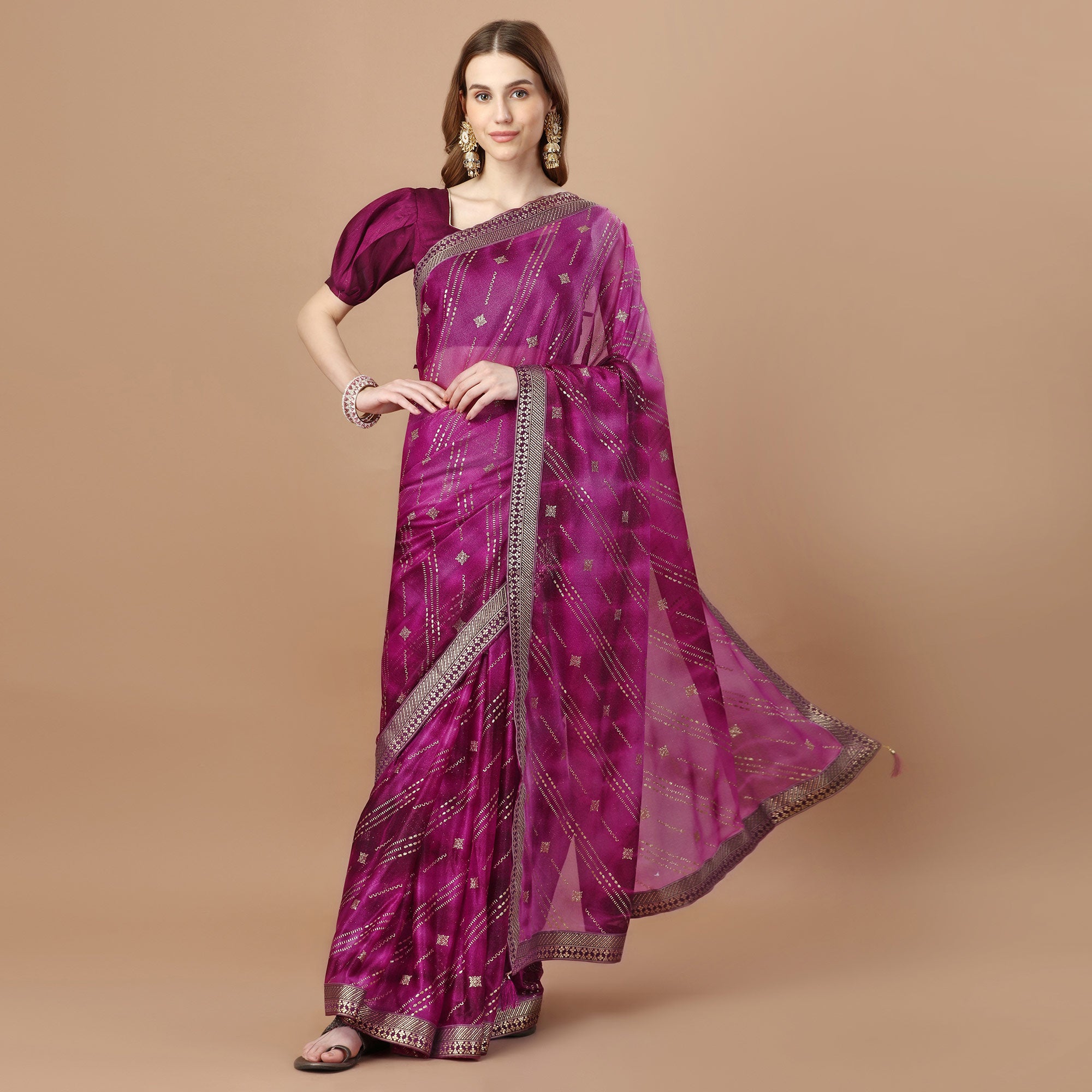 Purple Zari Work Chiffon Saree Lace Border