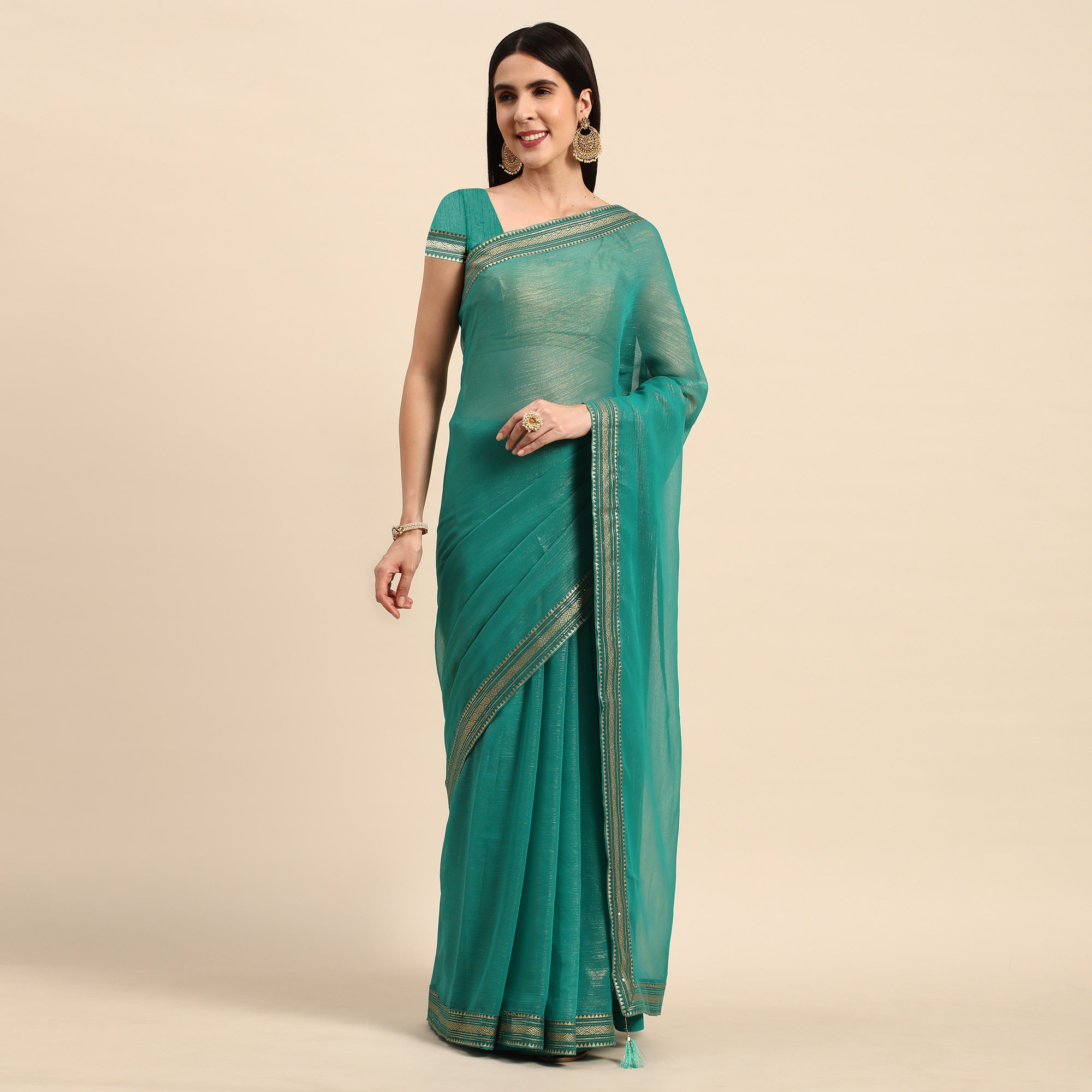 Turquoise Solid With Woven Border Chiffon Saree With Tassels