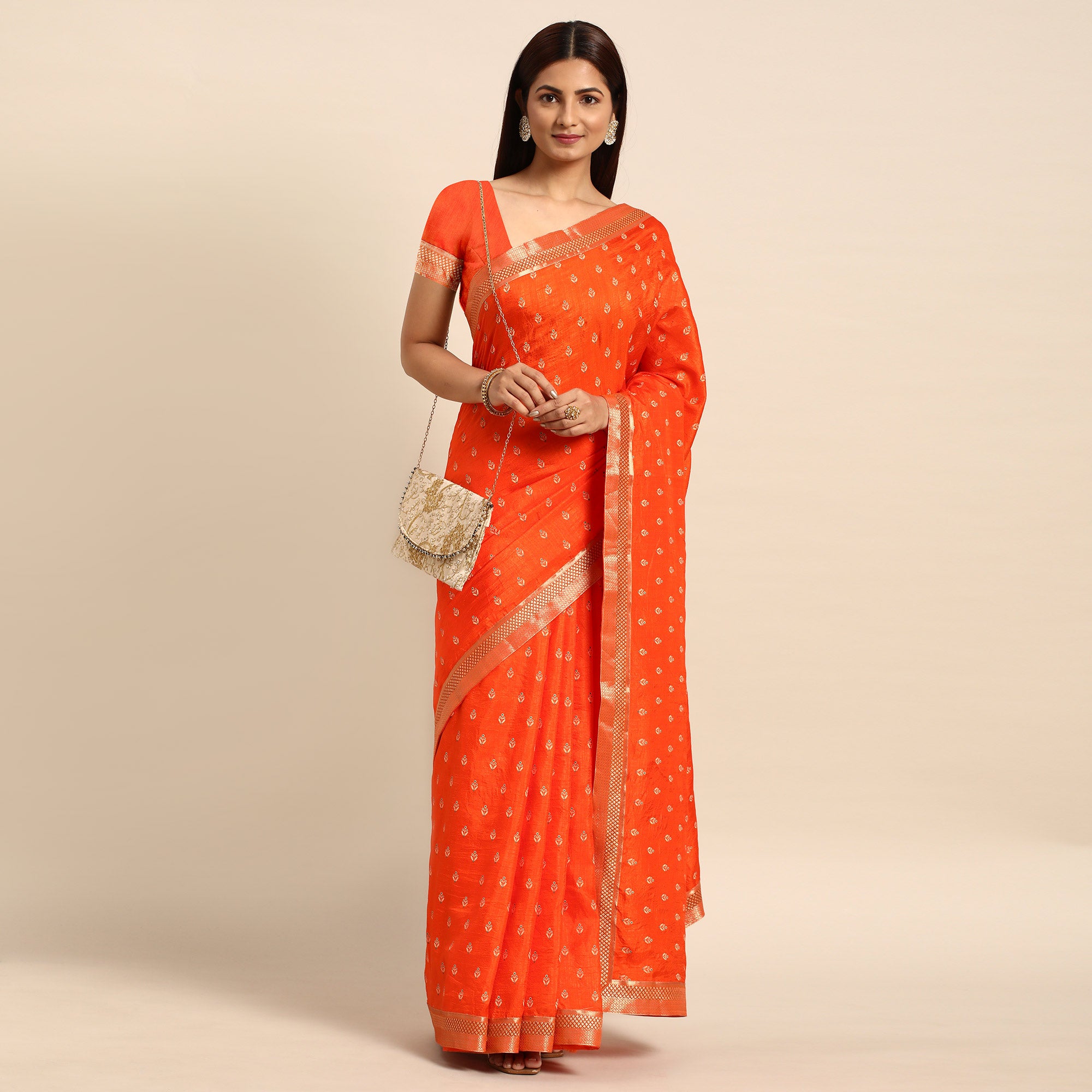 Orange Floral Printed Vichitra Silk Saree With Tassels