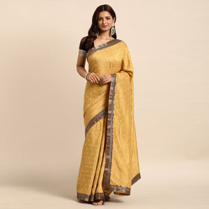 Beige Floral Printed Vichitra Silk Saree With Tassels