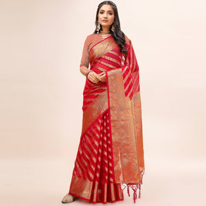 Pink Woven Organza Saree With Tassels