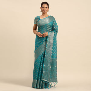 Turquoise Woven Organza Silk Saree With Tassels