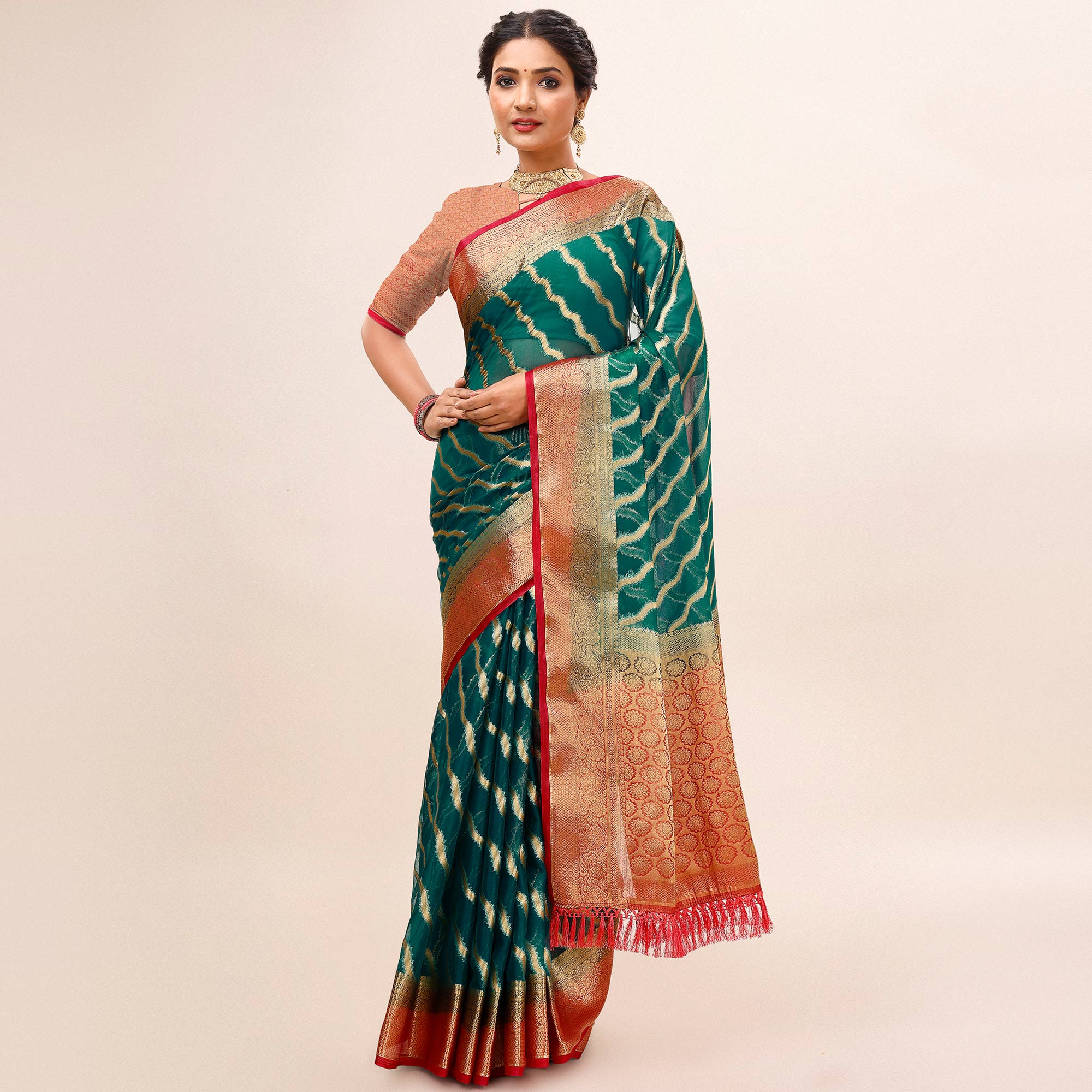 Teal Green Woven Organza Saree With Tassels