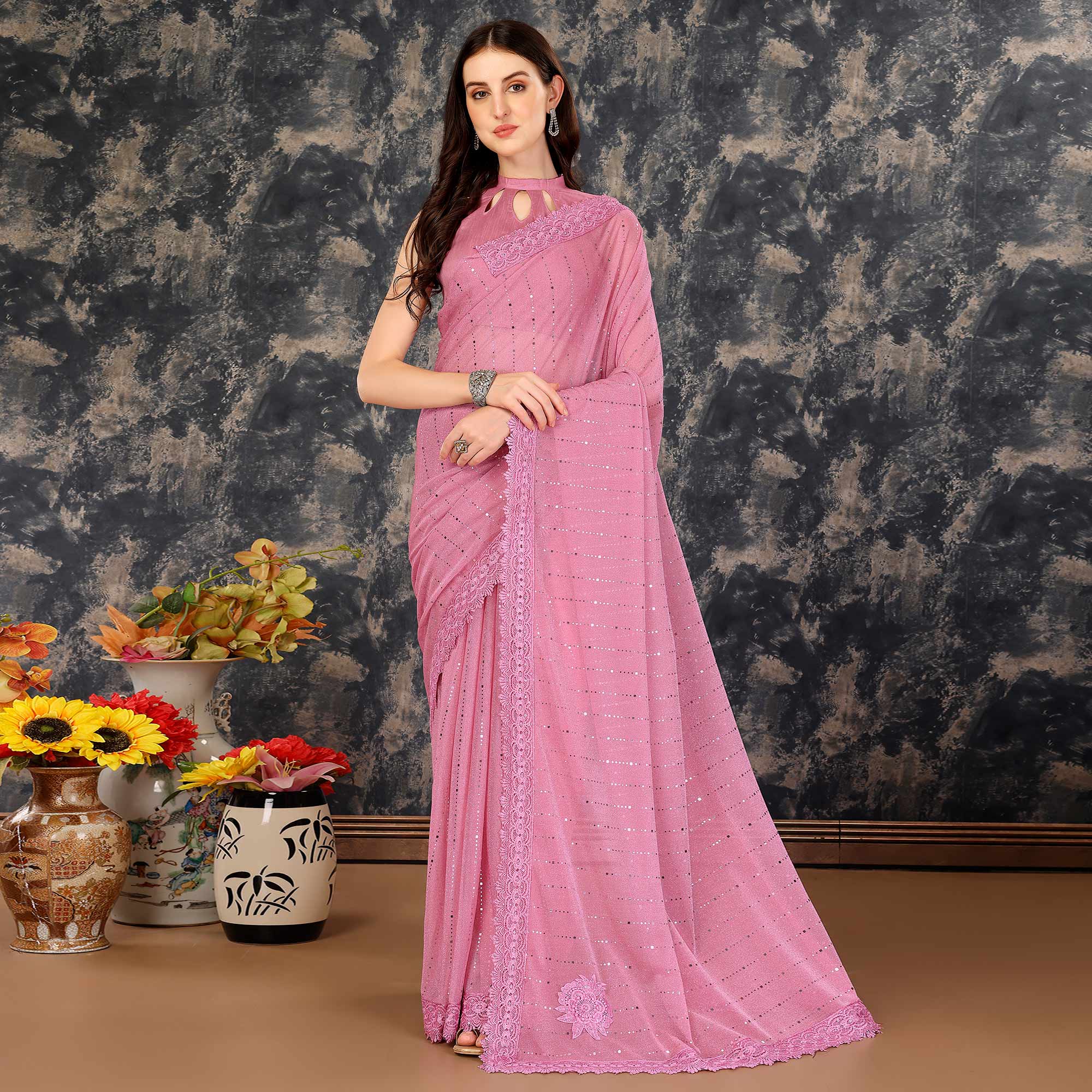 Pink Tikali With Floral Embroidered Lycra Saree