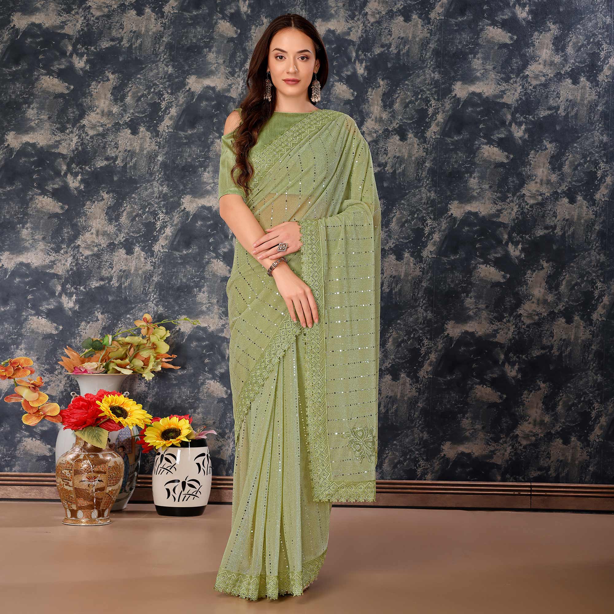 Green Tikali With Floral Embroidered Lycra Saree