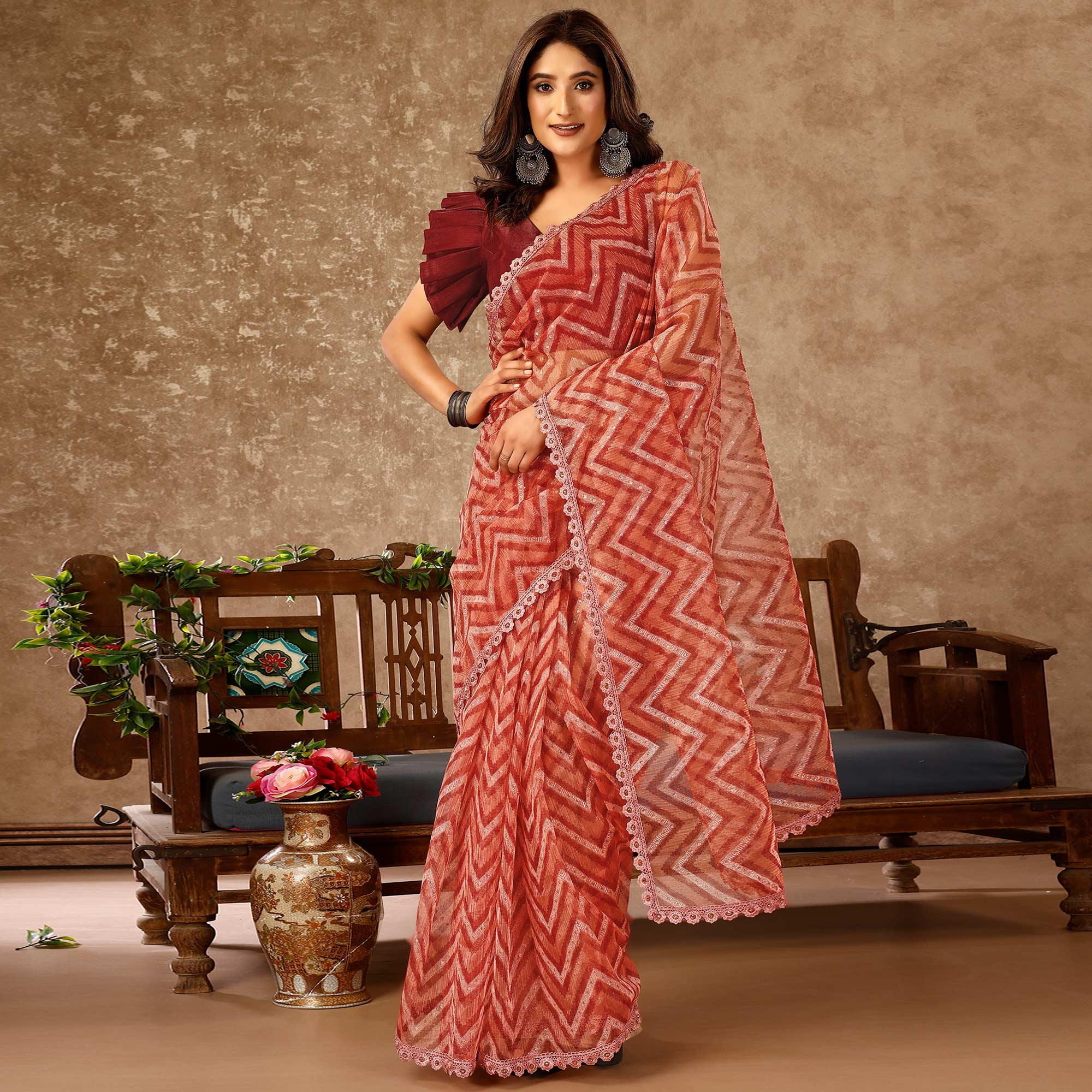 Peach Zig Zag Printed With Stone Work Organza Ready To Wear Saree