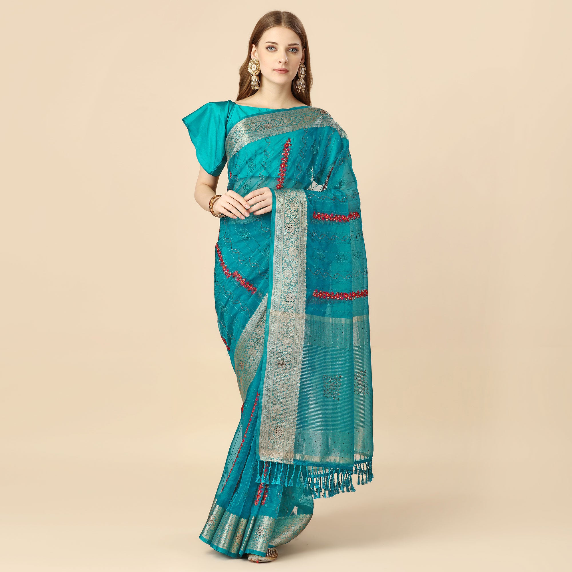 Rama Blue Floral Embroidery With Swarovski Work Organza Saree