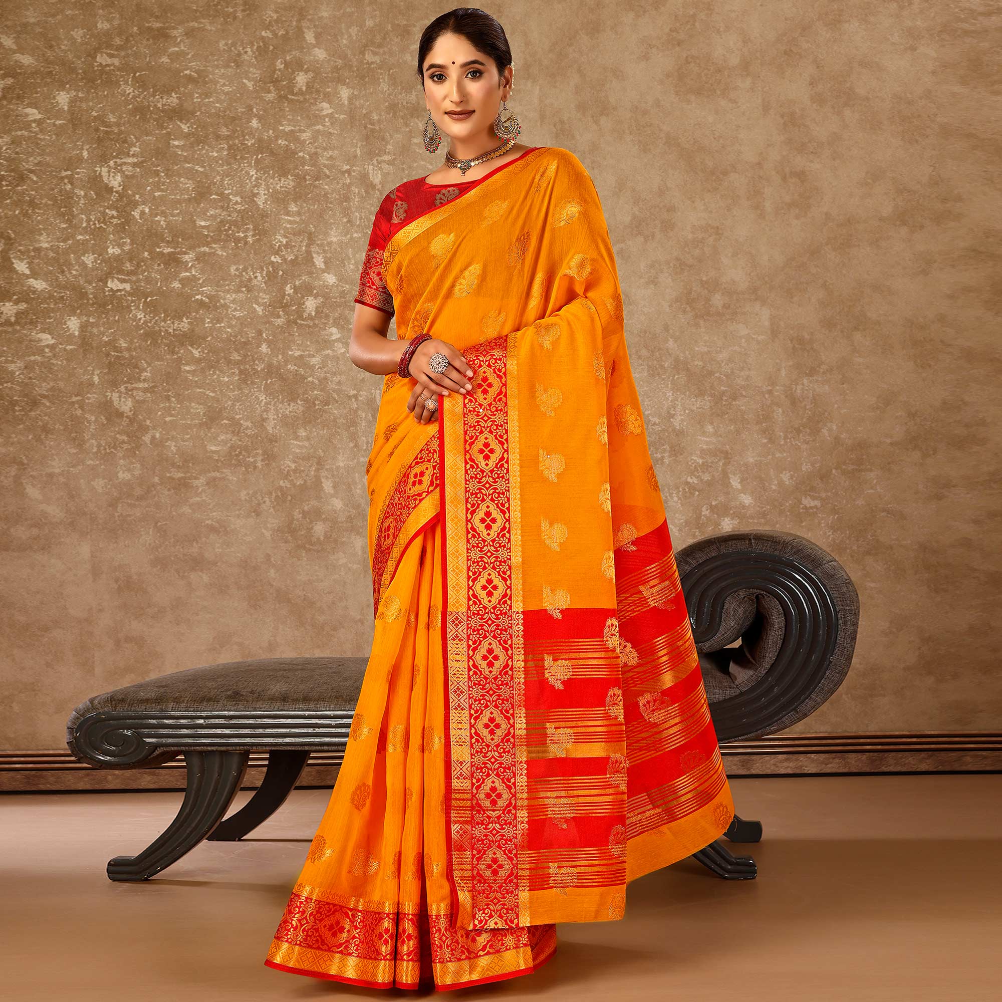 Mustard Floral Zari Woven Cotton Silk Saree