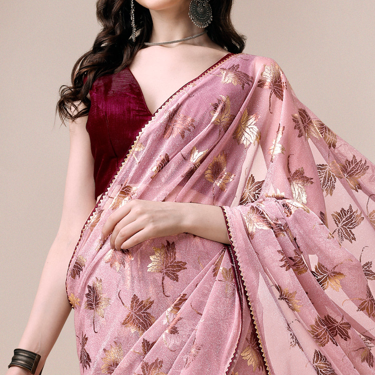 Pink Floral Foil Printed Rayon Saree