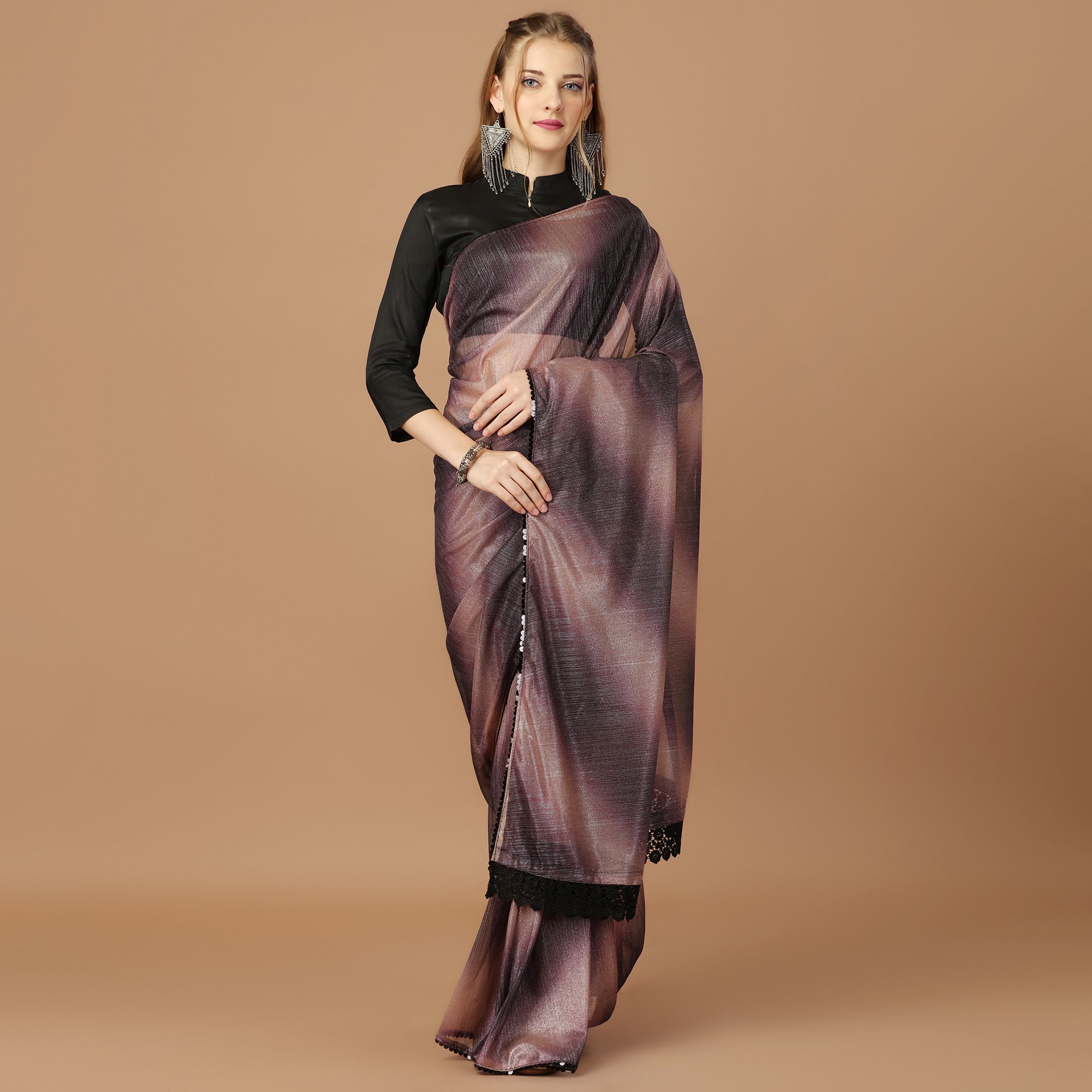 Purple Digital Printed Lycra Saree With Lace Border