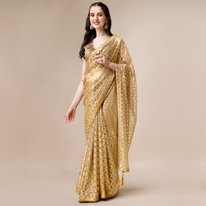 Mustard Foil Printed Rayon Saree