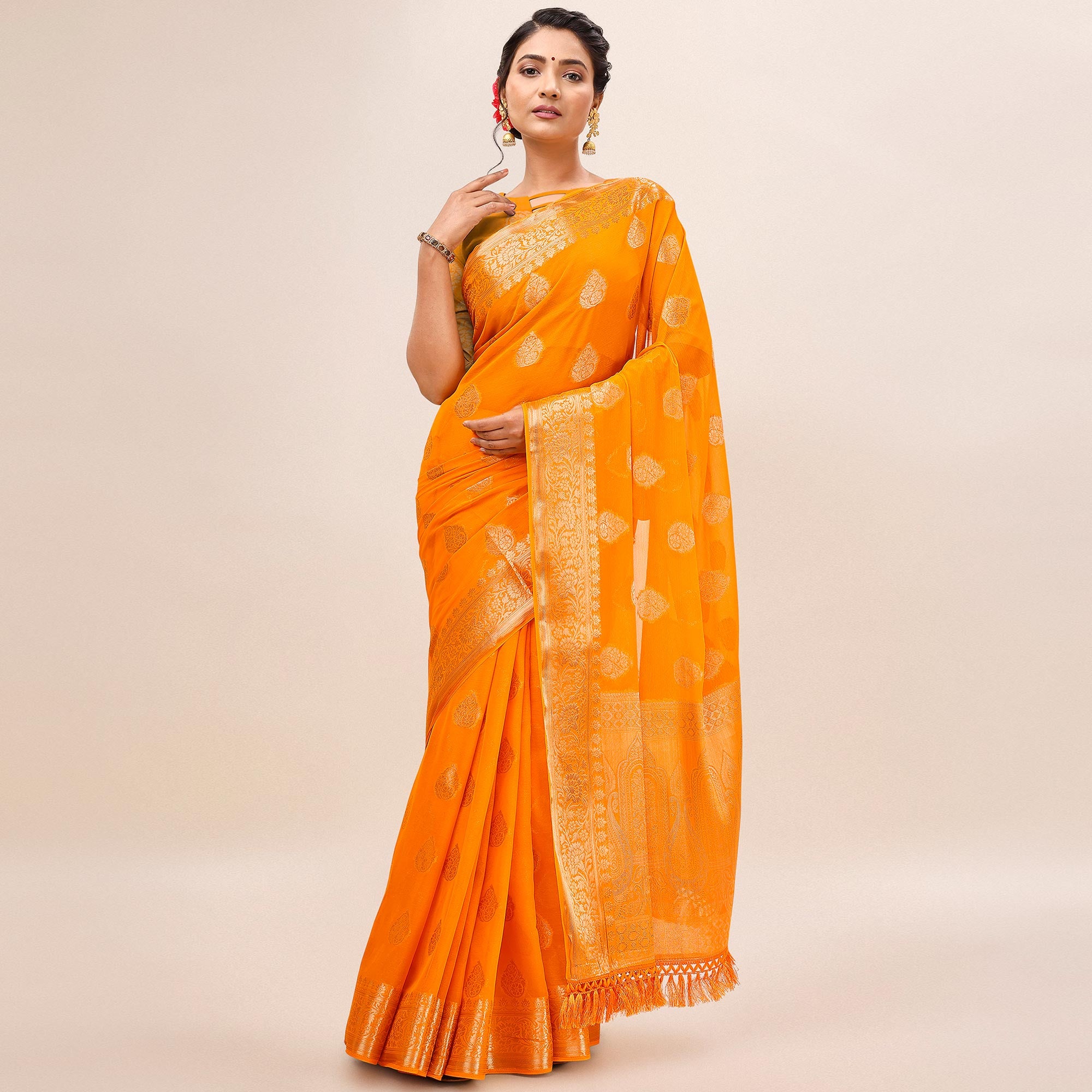 Yellow Woven Chiffon Saree With Tassels