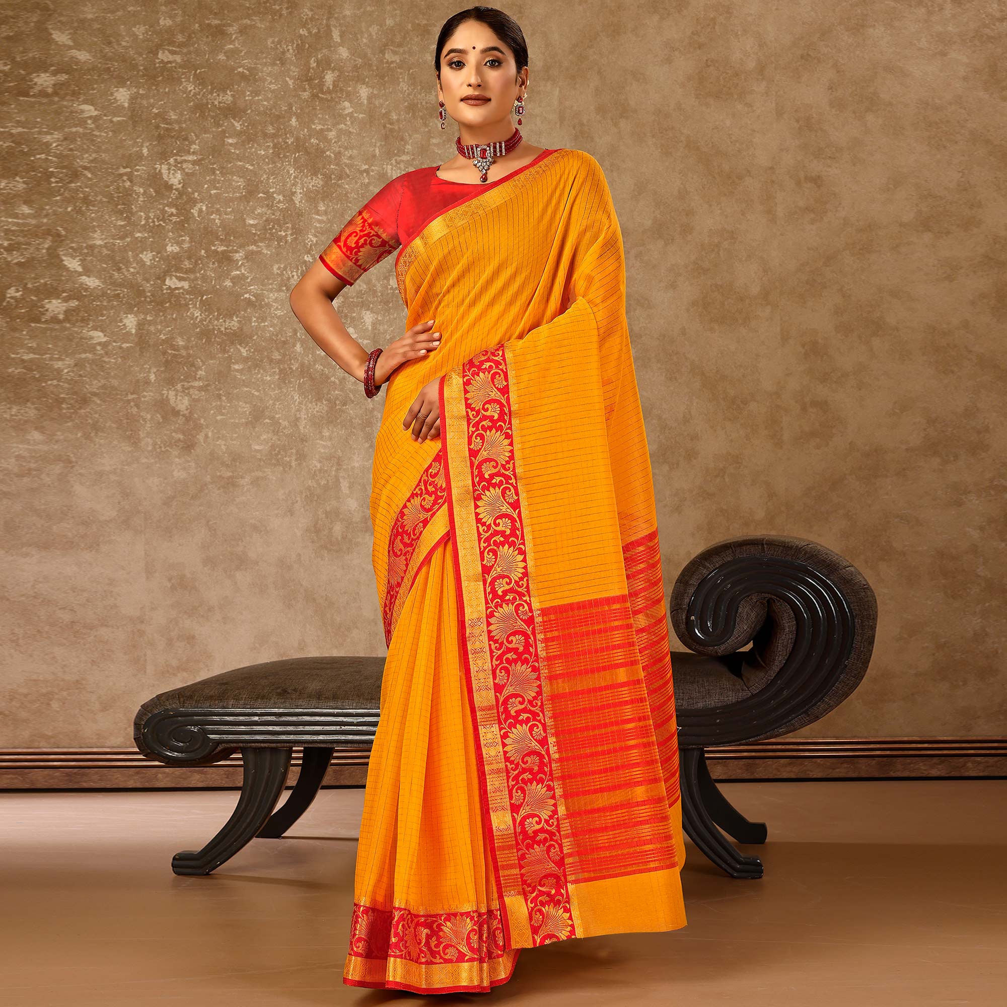 Mustard Zari Woven Cotton Silk Saree