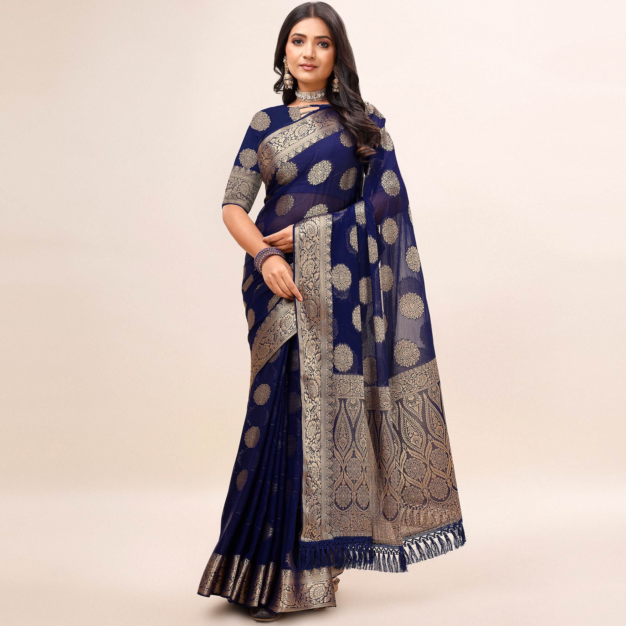Navy Blue Woven Chiffon Saree With Tassels