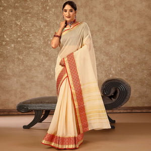Beige Zari Woven Cotton Silk Saree