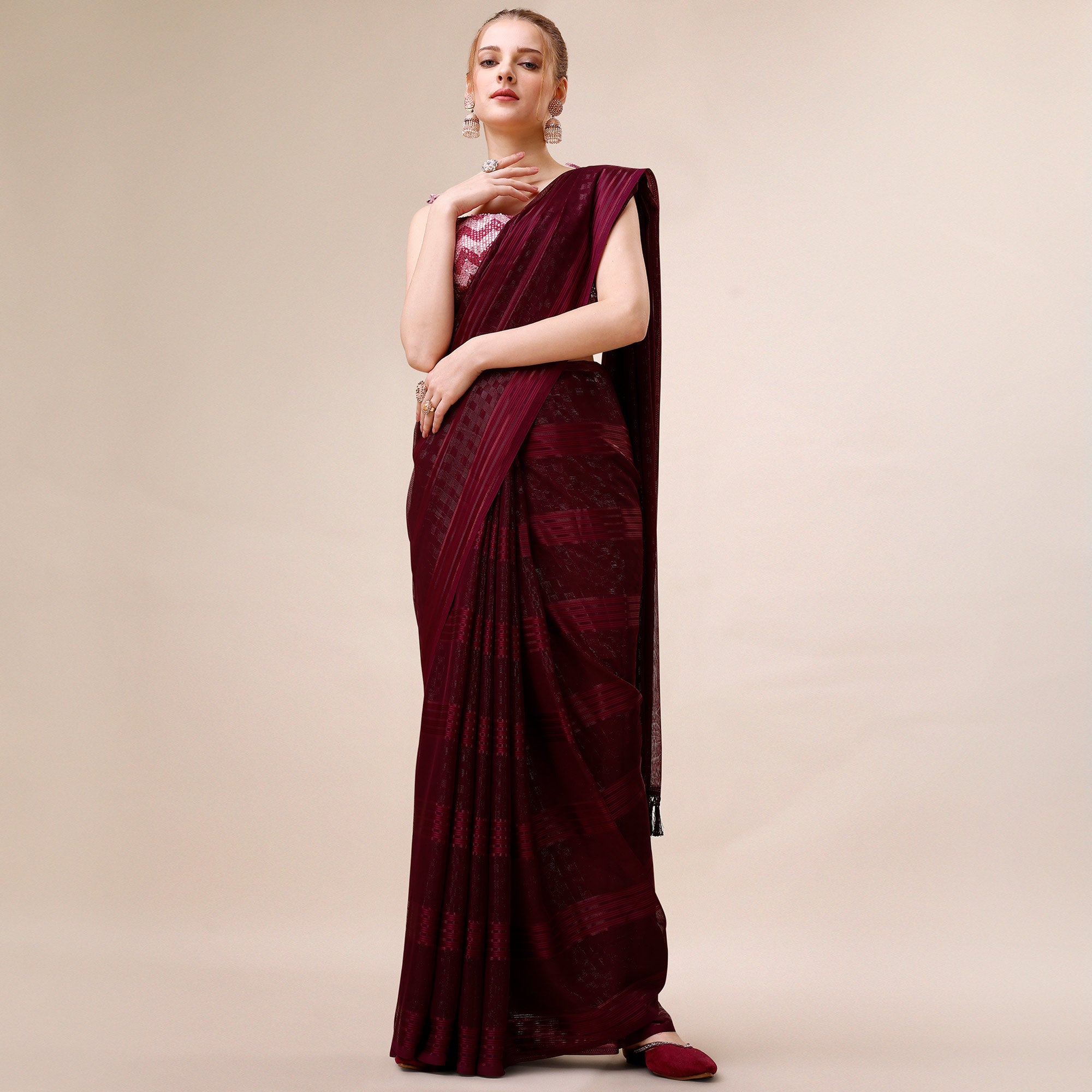 Wine Striped Woven Chiffon Saree