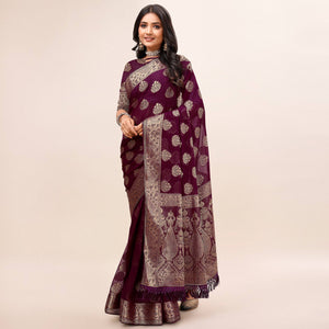 Wine Woven Chiffon Saree With Tassels